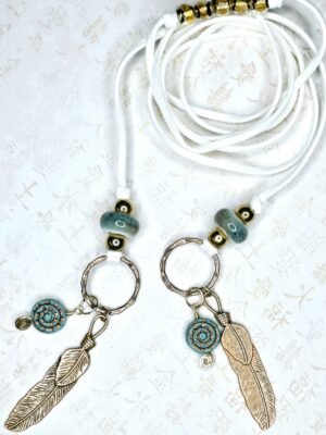 Boho Feather Lariat Necklace – Teal Porcelain Beads, Bronze Charms, Handmade on 50” Faux Suede Cord – Summer Boho Jewelry
