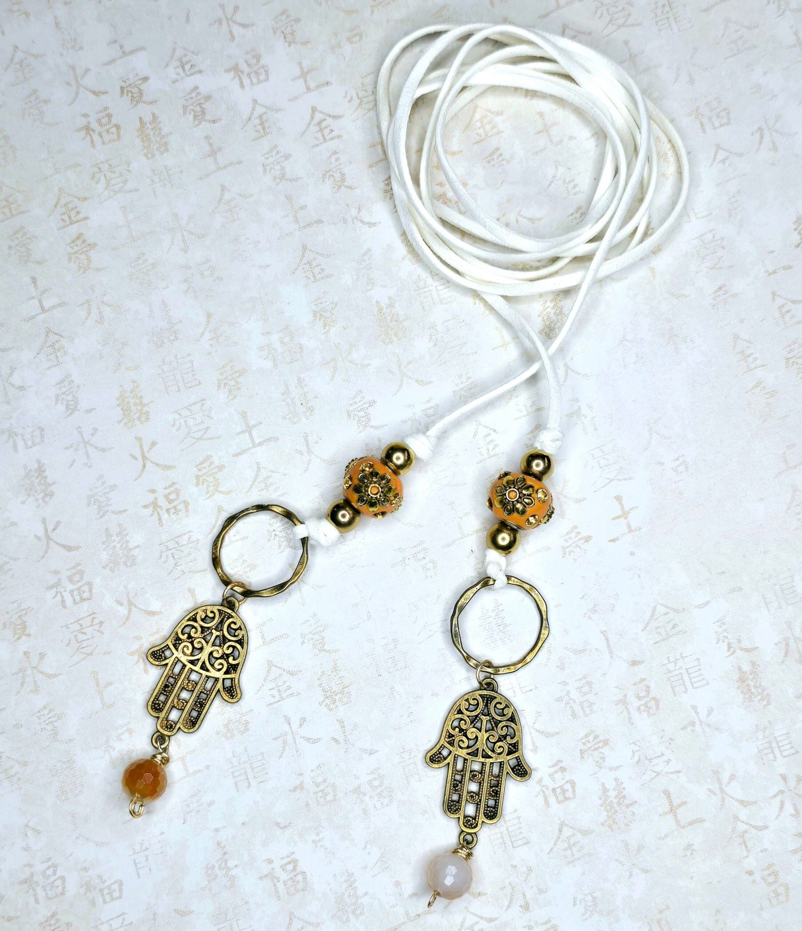 Boho Hamsa Lariat Necklace โ Handmade Spiritual Jewelry with Bronze & Gold Beads on White Suede Cord โ Protection Charm Necklace - Image 3
