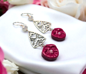 Tribal Eagle Spirit Earrings โ Dark Pink/Red Polymer Clay Dangle Earrings with Silver Tribal Findings