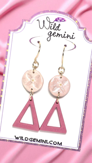 Blush Petal Boho Earrings – Light Pink Polymer Clay & Wooden Triangle Dangle Earrings with Golden Wire Hooks