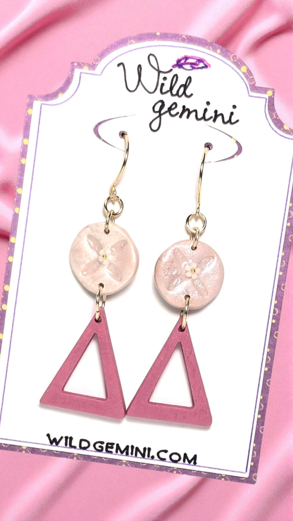 Blush Petal Boho Earrings – Light Pink Polymer Clay & Wooden Triangle Dangle Earrings with Golden Wire Hooks