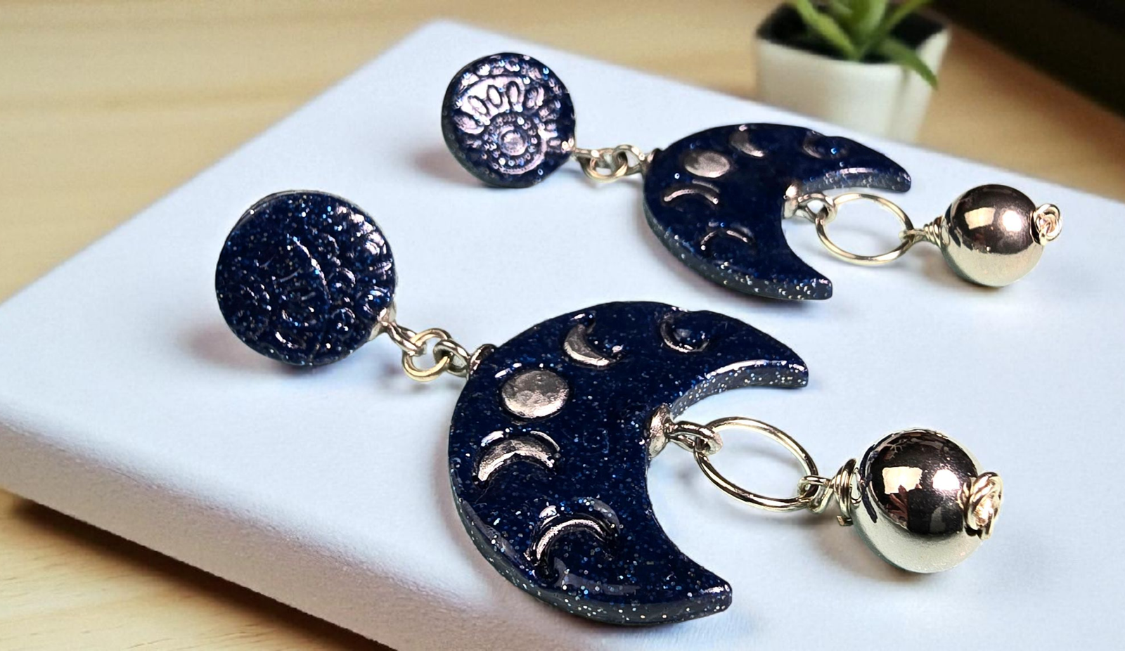 Lunar Glow Boho Earrings โ Blue Glitter Polymer Clay Moon Phase Dangle Earrings with Silver Wire & Beads
