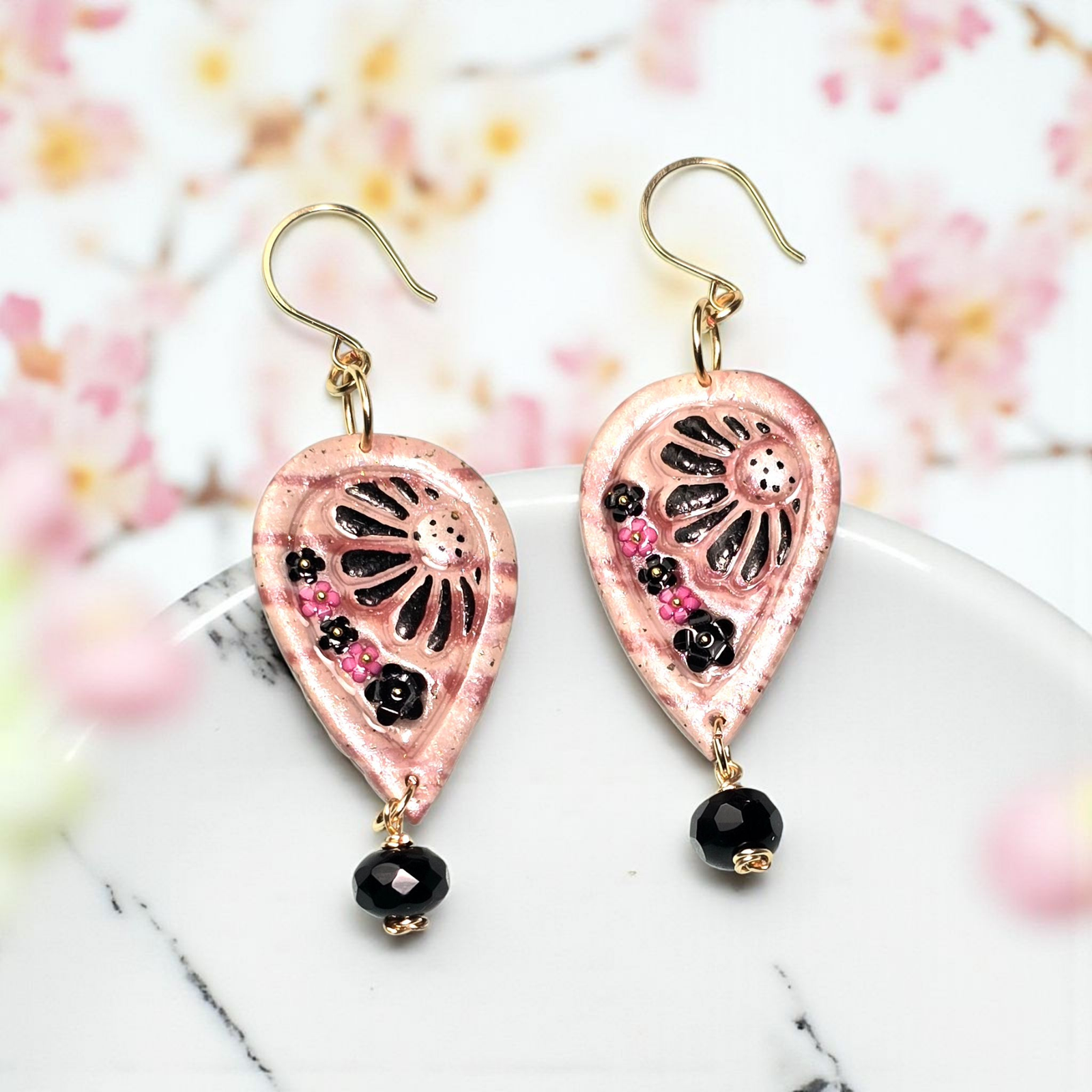 Midnight Blush Boho Earrings โ Light Pink & Black Polymer Clay Dangle Earrings with Golden Wire & Black Glass Beads - Image 3