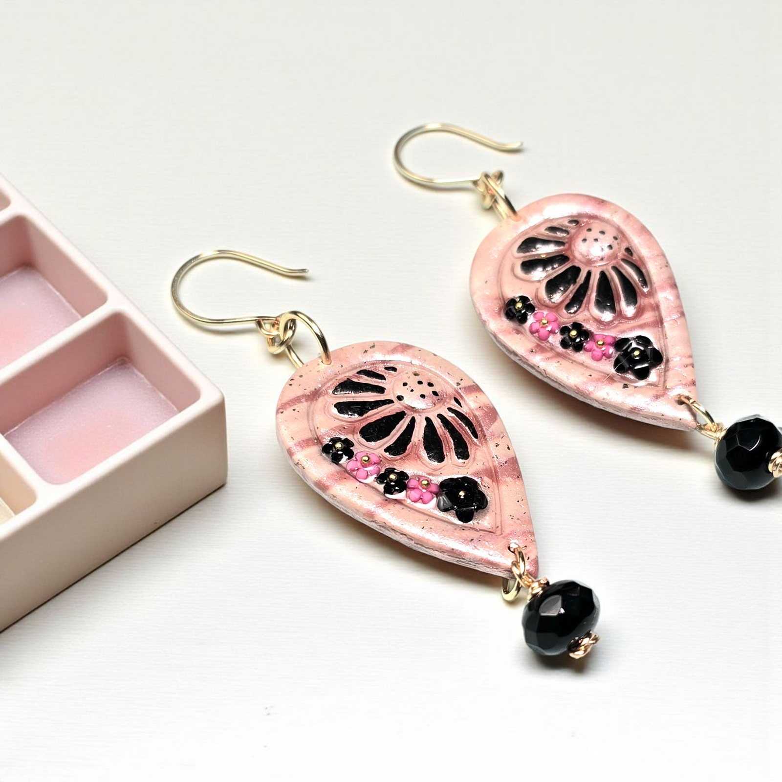 Midnight Blush Boho Earrings โ Light Pink & Black Polymer Clay Dangle Earrings with Golden Wire & Black Glass Beads