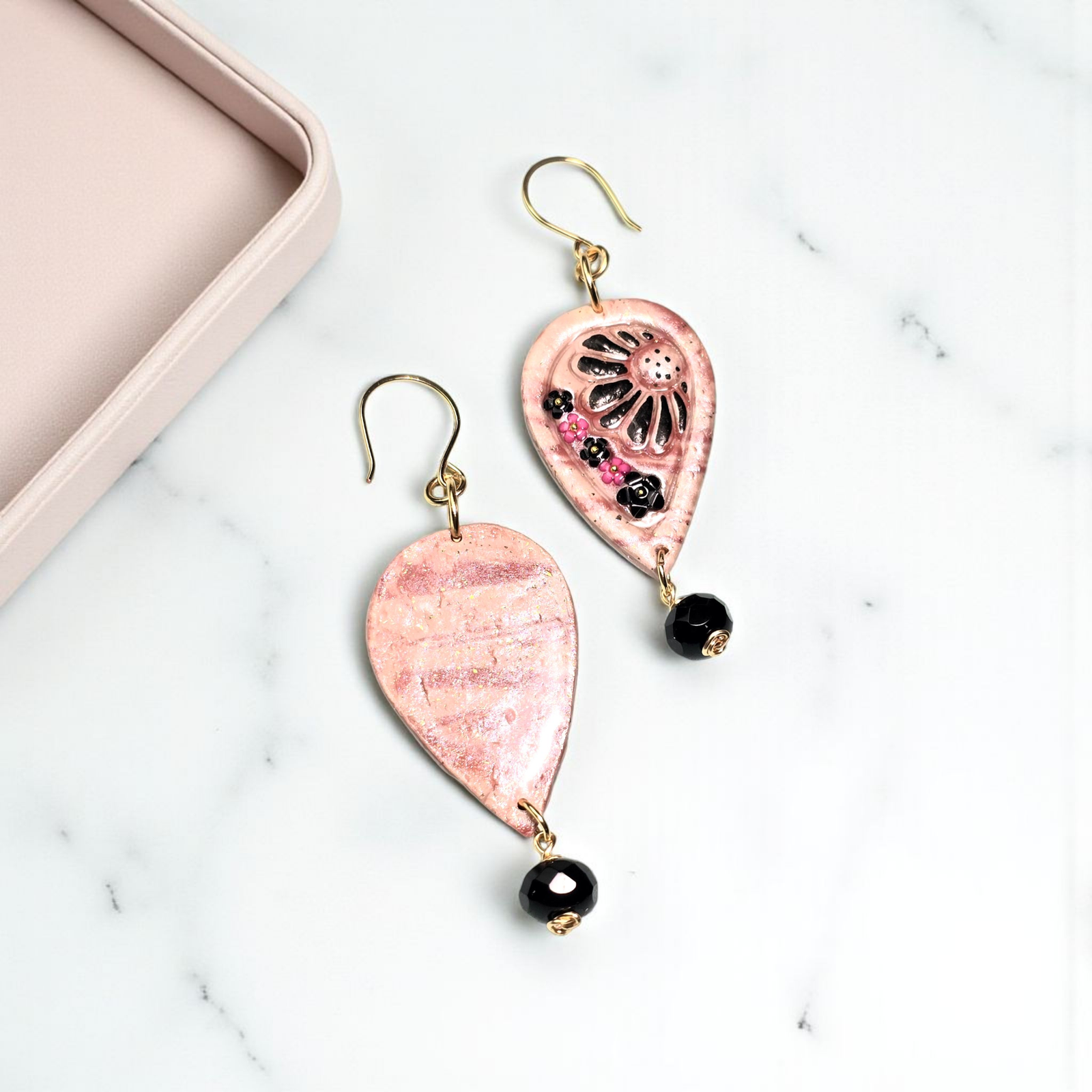 Midnight Blush Boho Earrings โ Light Pink & Black Polymer Clay Dangle Earrings with Golden Wire & Black Glass Beads - Image 4