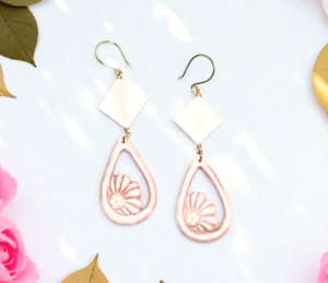 Blushing Bloom Boho Earrings – Light Pink Polymer Clay Dangle Earrings with Diamond Shell Beads & Golden Wire Hooks