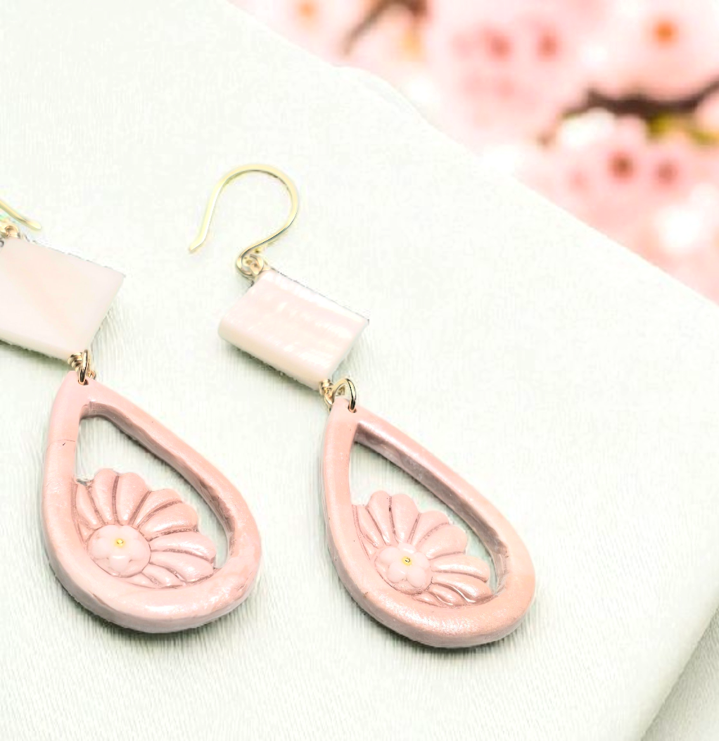 Blushing Bloom Boho Earrings โ Light Pink Polymer Clay Dangle Earrings with Diamond Shell Beads & Golden Wire Hooks - Image 2