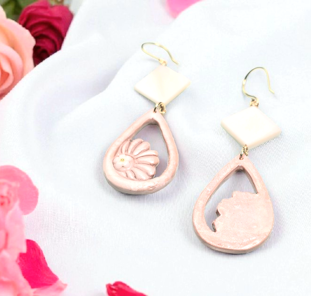 Blushing Bloom Boho Earrings โ Light Pink Polymer Clay Dangle Earrings with Diamond Shell Beads & Golden Wire Hooks - Image 3