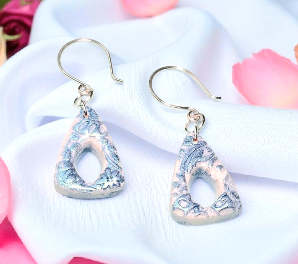 Ocean Breeze Boho Earrings – White & Blue Patterned Polymer Clay Triangle Dangle Earrings