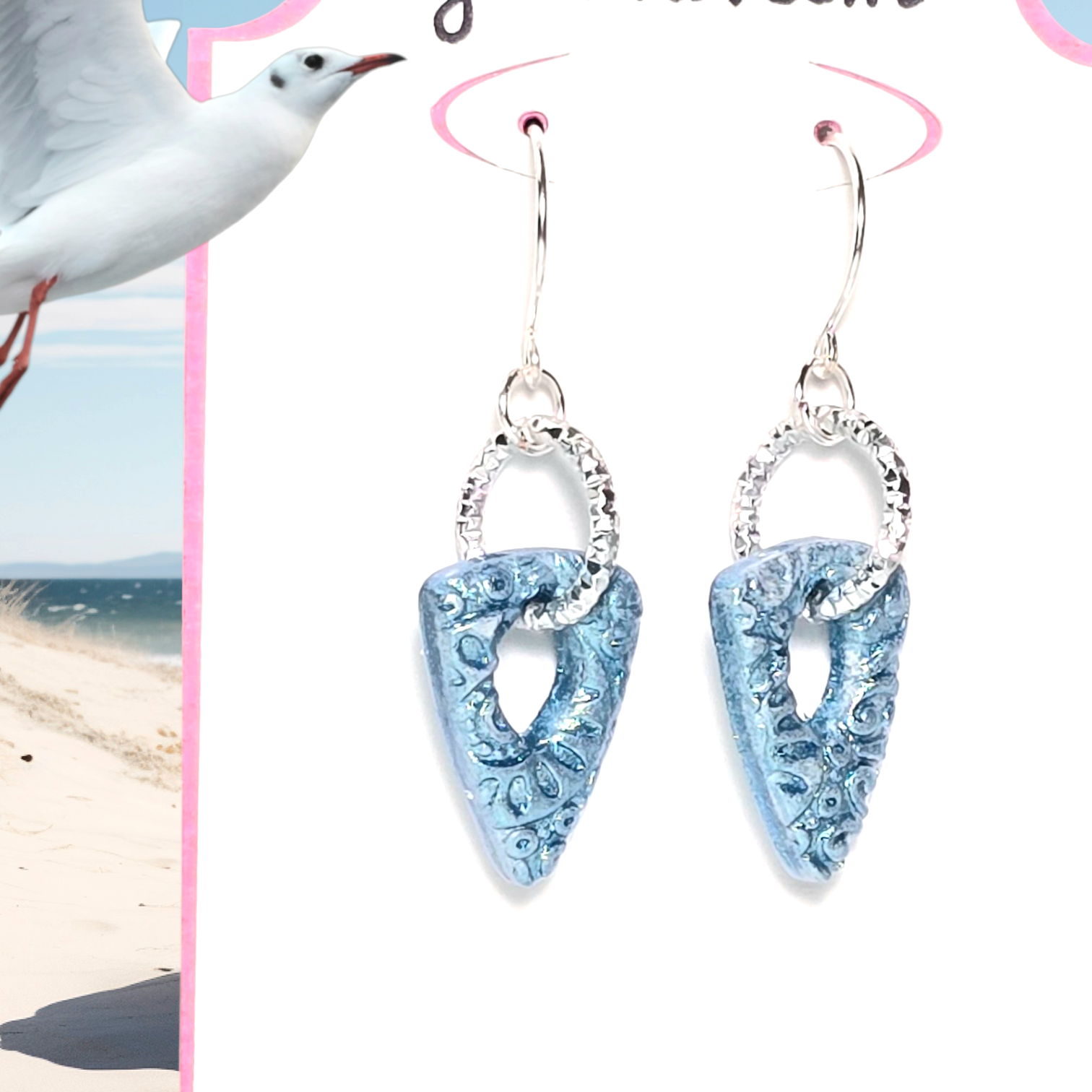 Azure Horizon Boho Earrings โ Blue Patterned Polymer Clay Triangle Dangle Earrings with Aluminum Ring & Silver Wire Hooks - Image 4