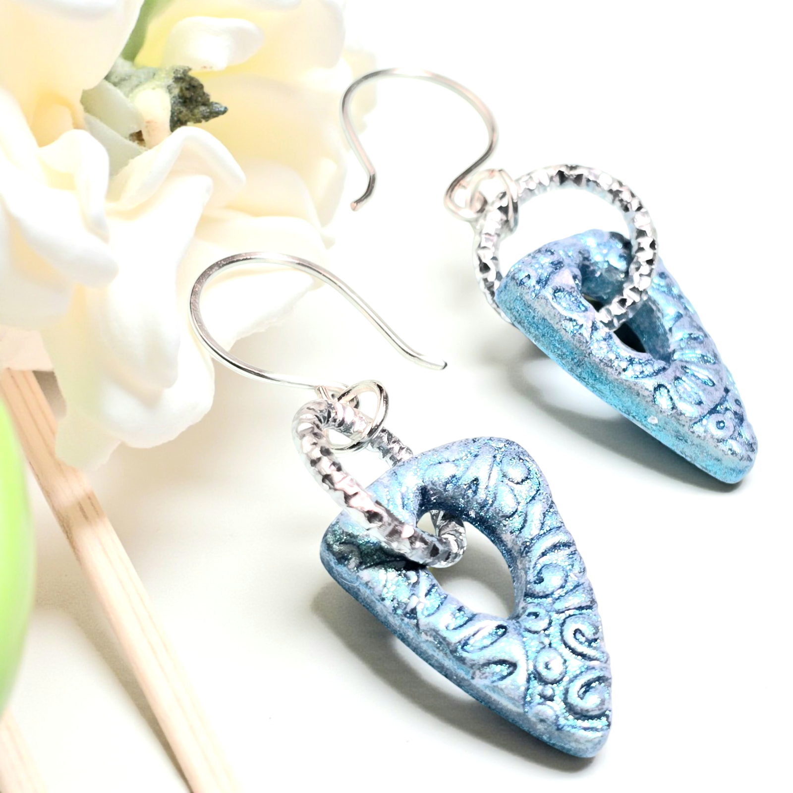 Azure Horizon Boho Earrings โ Blue Patterned Polymer Clay Triangle Dangle Earrings with Aluminum Ring & Silver Wire Hooks