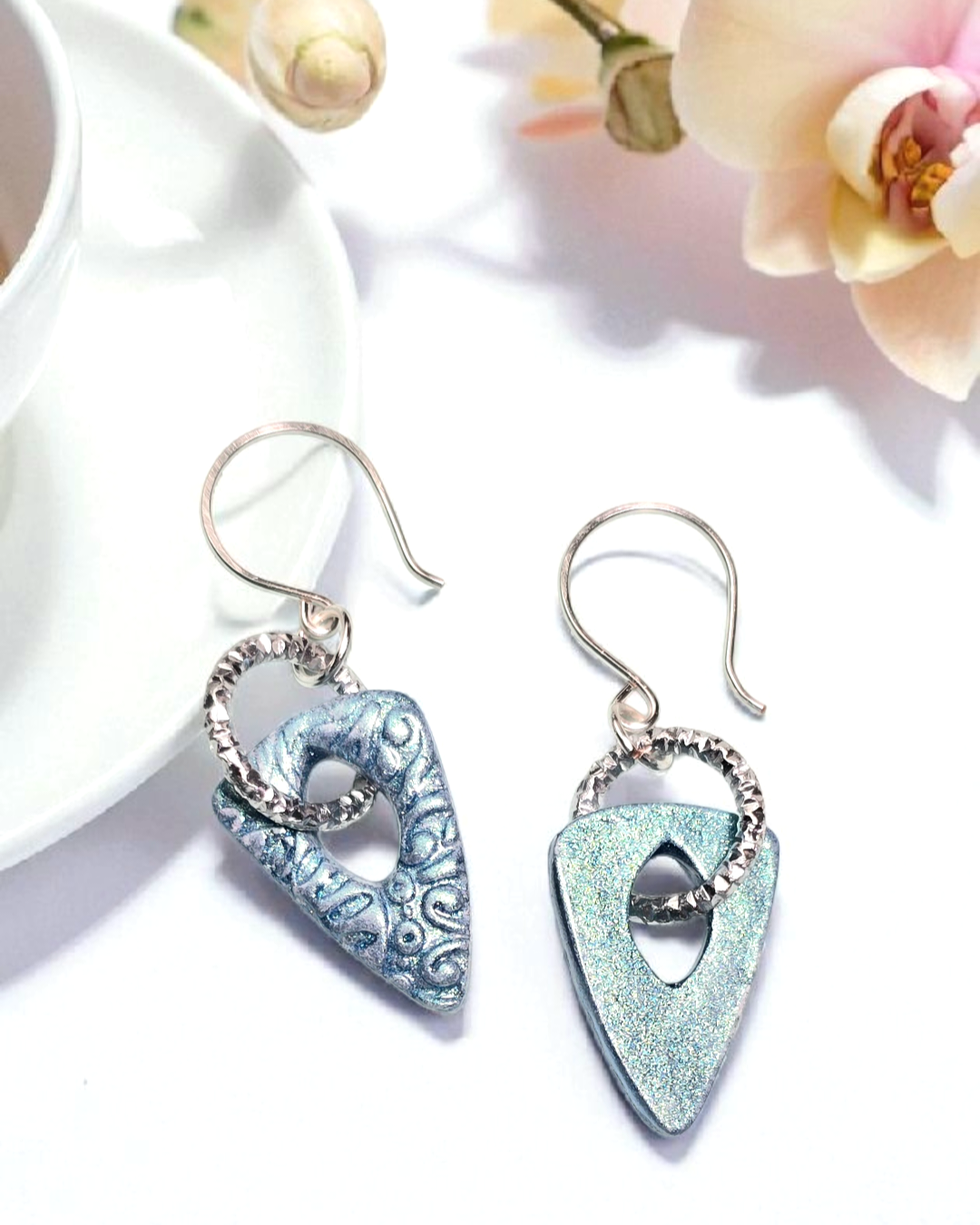 Azure Horizon Boho Earrings โ Blue Patterned Polymer Clay Triangle Dangle Earrings with Aluminum Ring & Silver Wire Hooks - Image 2