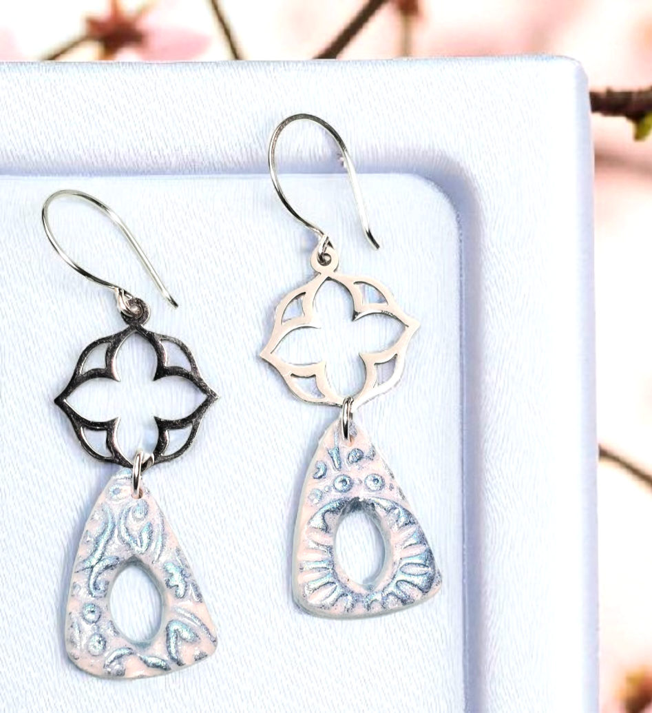 Blue Meadow Boho Earrings โ Blue Patterned Polymer Clay Triangle Dangle Earrings with Stainless Steel Flower Findings & Silver Hooks - Image 3
