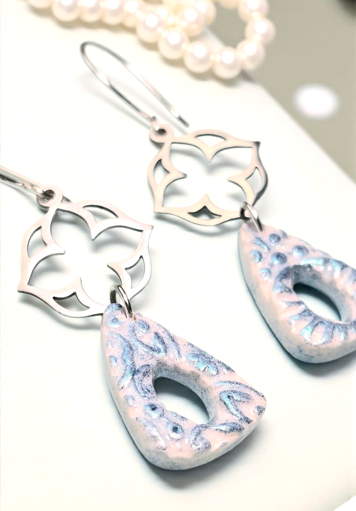 Blue Meadow Boho Earrings โ Blue Patterned Polymer Clay Triangle Dangle Earrings with Stainless Steel Flower Findings & Silver Hooks