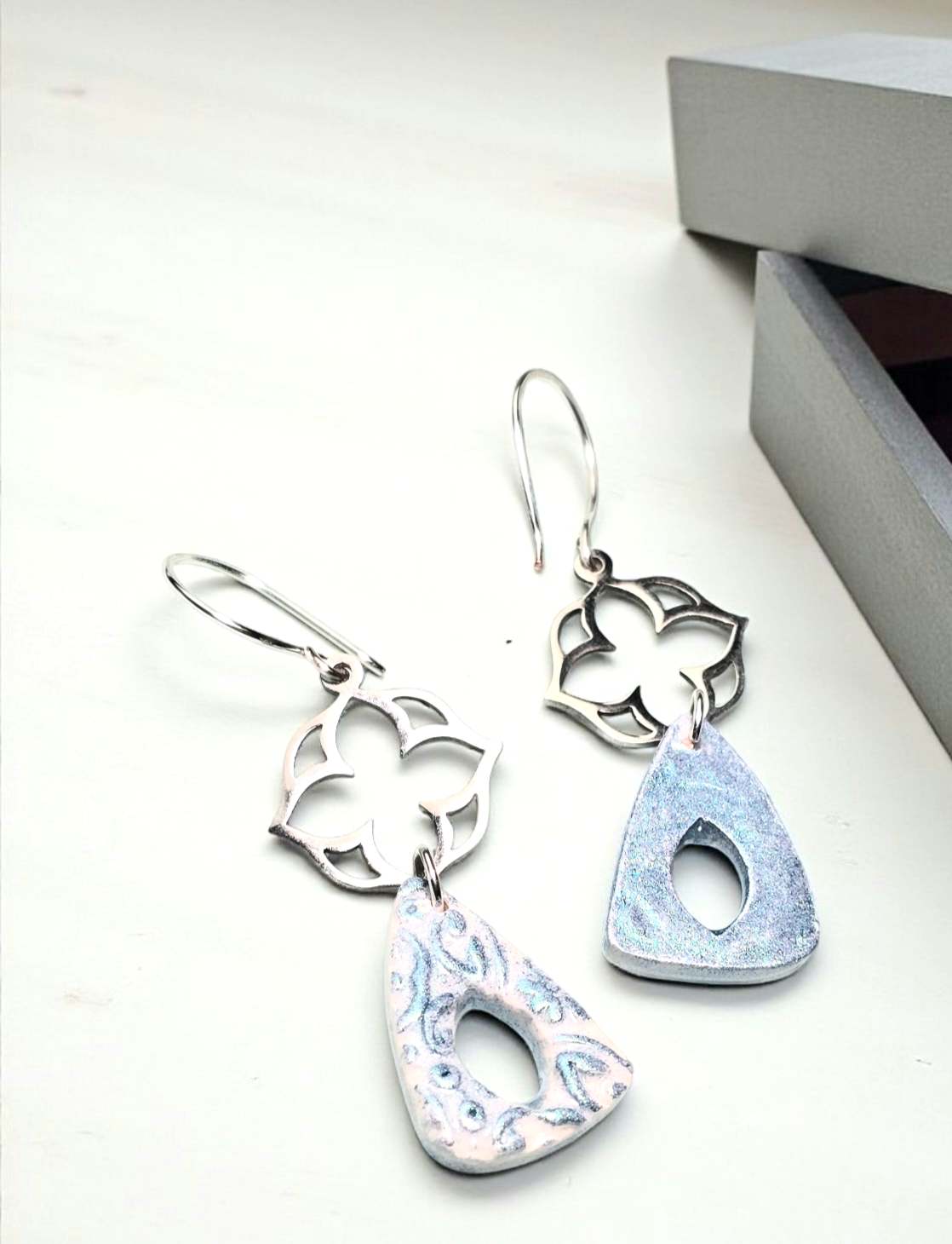 Blue Meadow Boho Earrings โ Blue Patterned Polymer Clay Triangle Dangle Earrings with Stainless Steel Flower Findings & Silver Hooks - Image 2