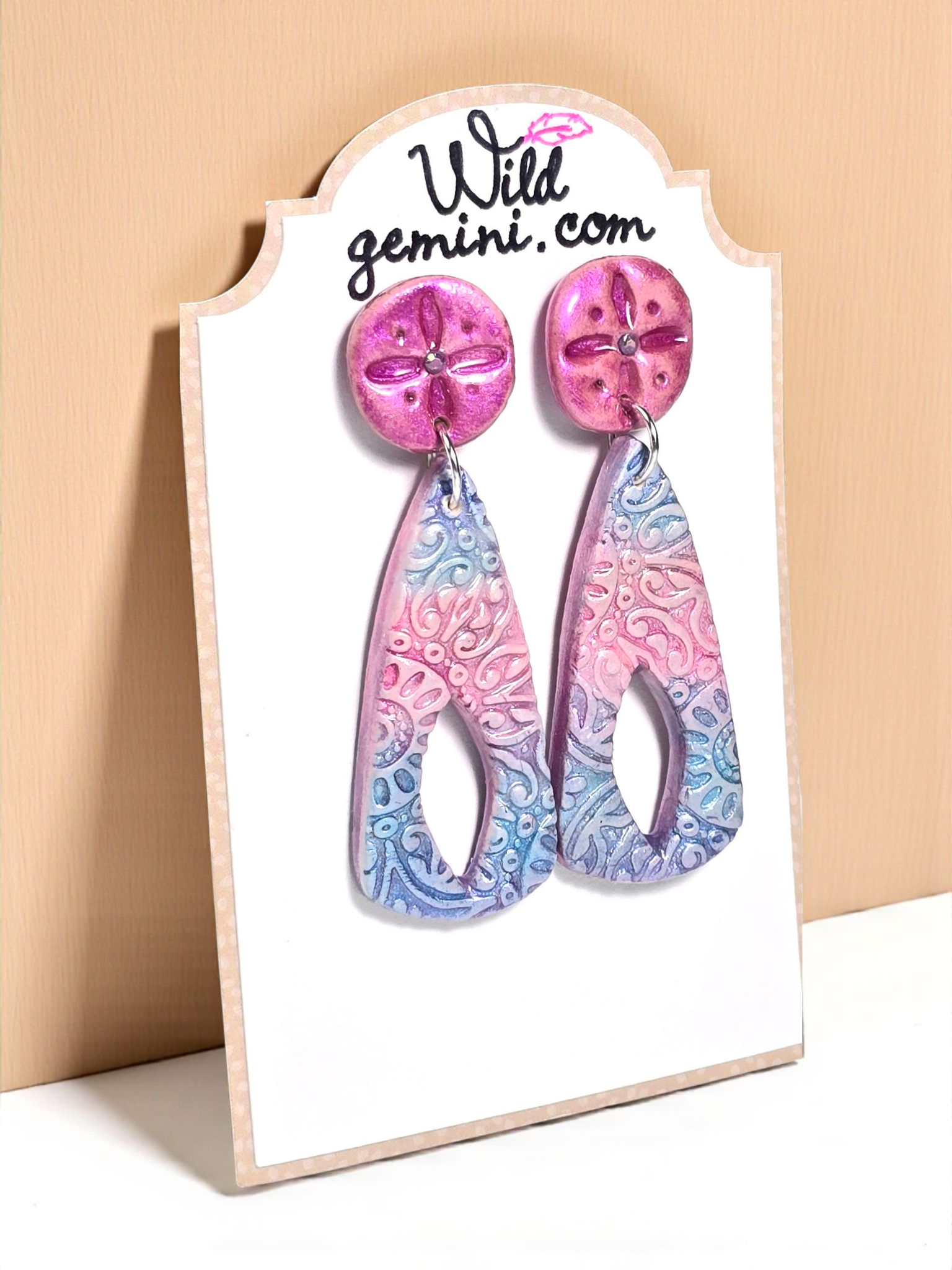 Boho Daydream Stud Earrings โ Pink, White & Blue Polymer Clay Dangle Earrings with Glass Beads