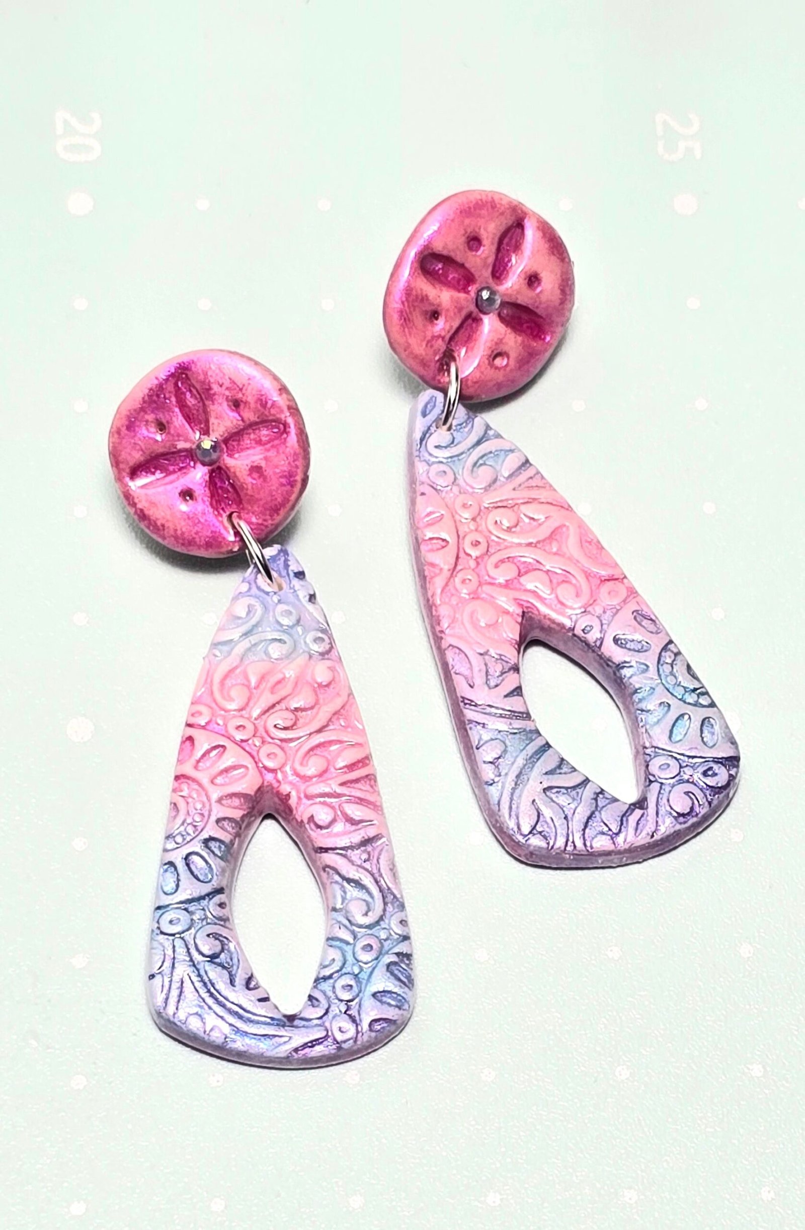 Boho Daydream Stud Earrings โ Pink, White & Blue Polymer Clay Dangle Earrings with Glass Beads - Image 3