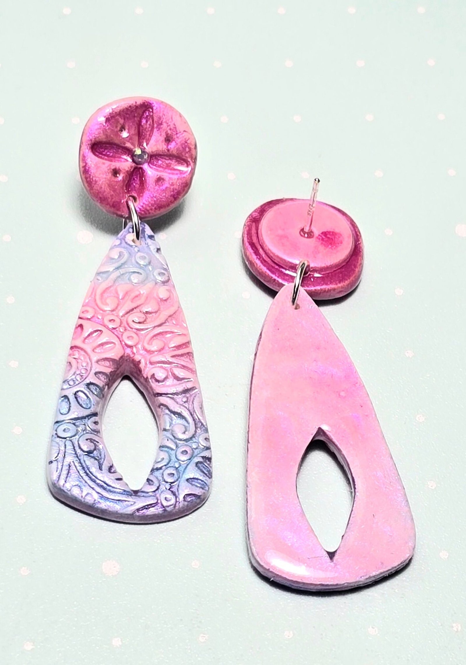 Boho Daydream Stud Earrings โ Pink, White & Blue Polymer Clay Dangle Earrings with Glass Beads - Image 4