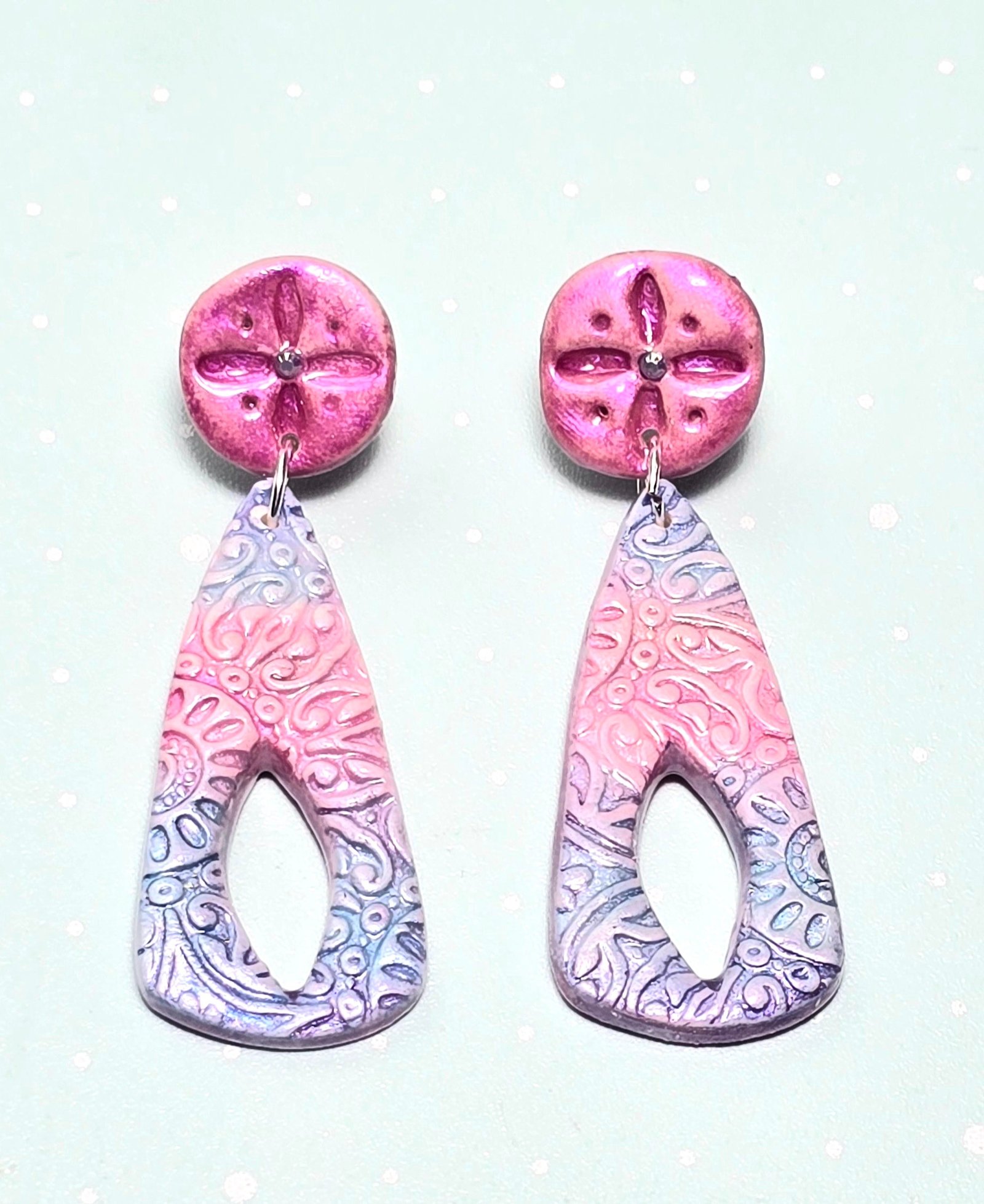 Boho Daydream Stud Earrings โ Pink, White & Blue Polymer Clay Dangle Earrings with Glass Beads - Image 2