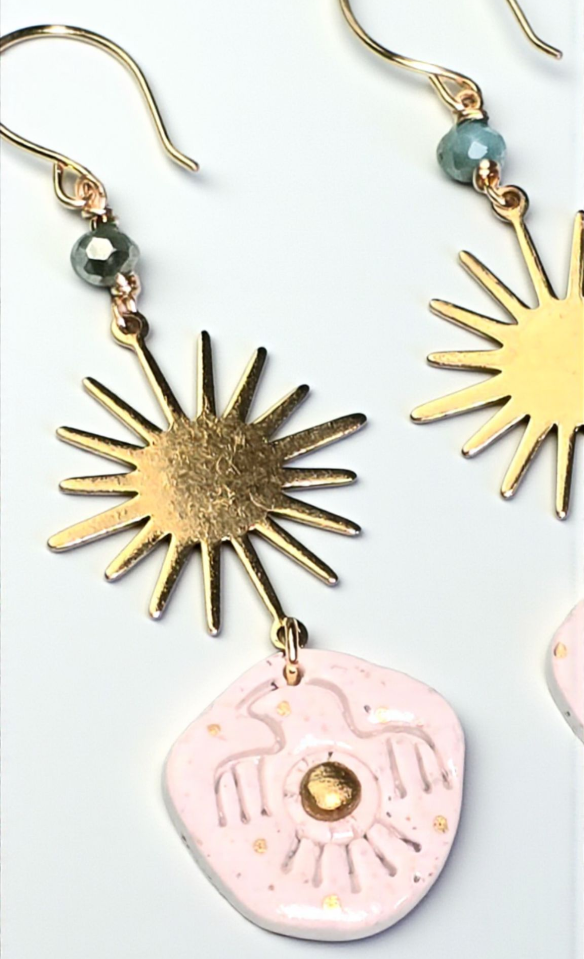 Golden Sun Spirit Boho Earrings โ White Glitter Polymer Clay Dangle Earrings with Tribal Eagle Design, Glass Beads & Gold Hooks - Image 3