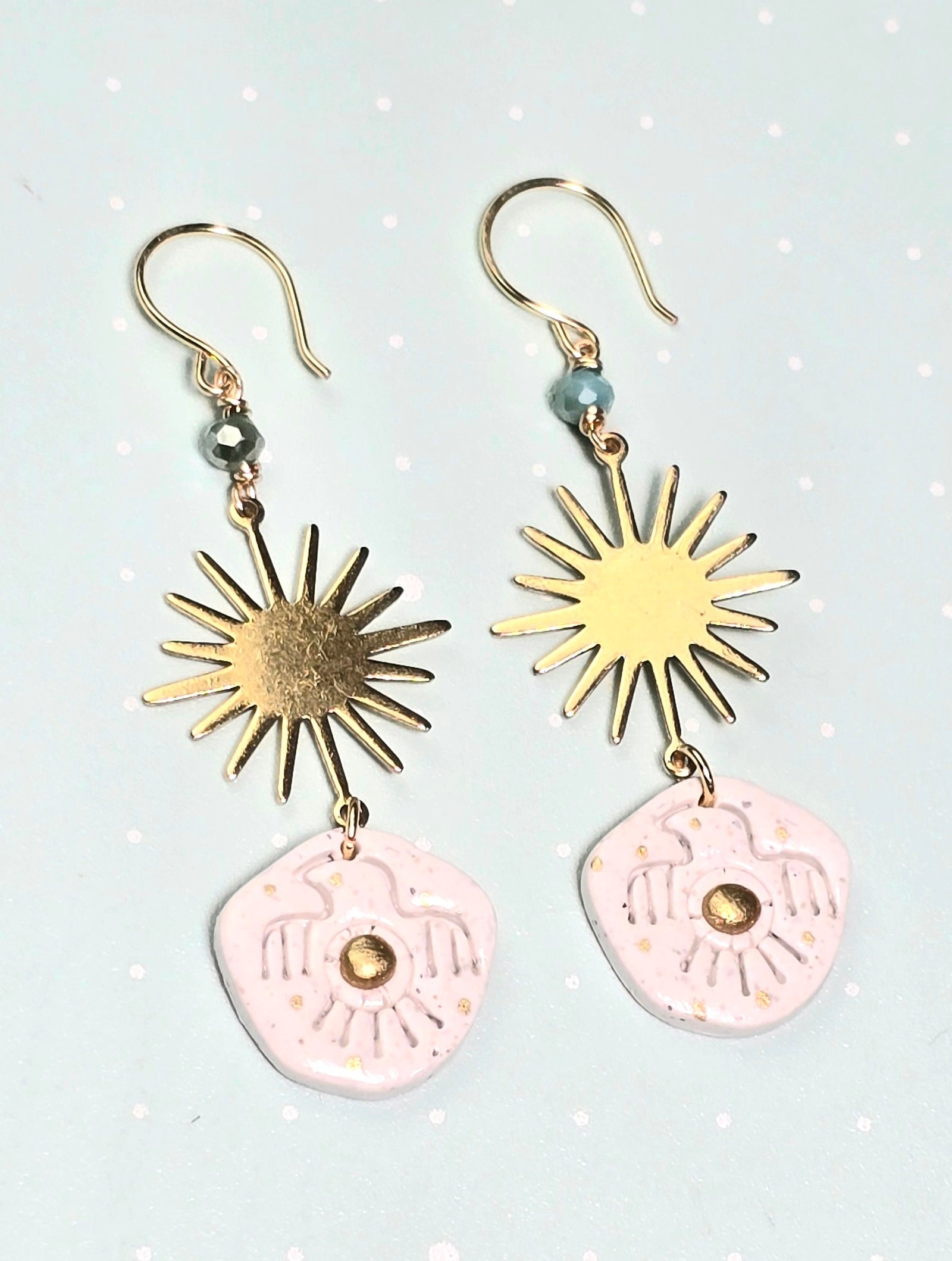 Golden Sun Spirit Boho Earrings โ White Glitter Polymer Clay Dangle Earrings with Tribal Eagle Design, Glass Beads & Gold Hooks