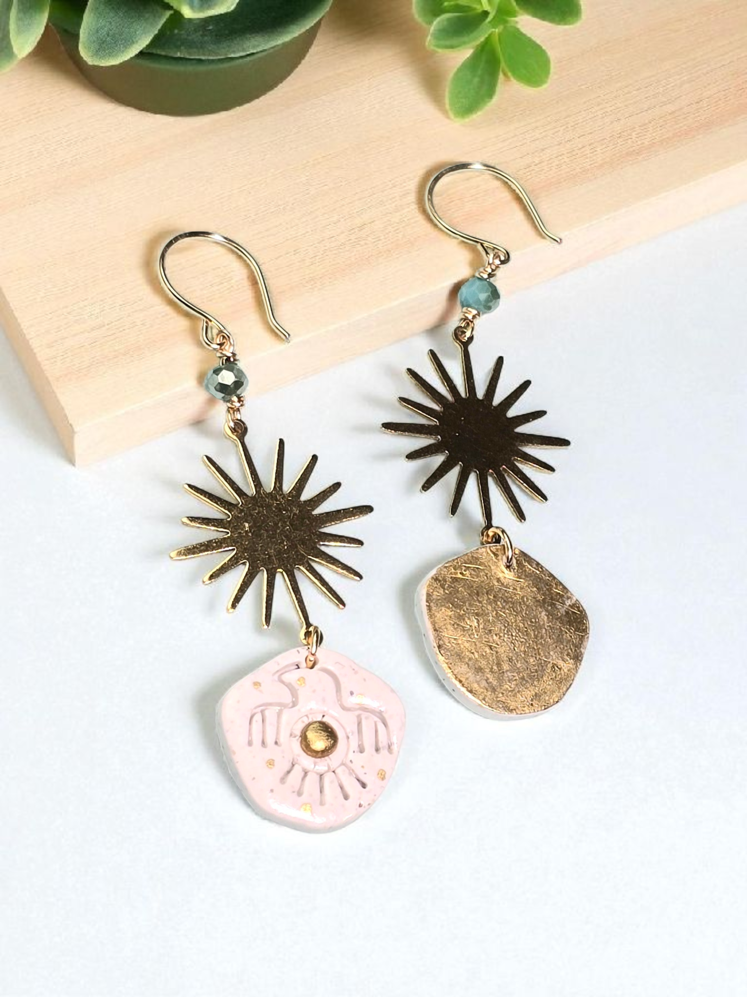 Golden Sun Spirit Boho Earrings โ White Glitter Polymer Clay Dangle Earrings with Tribal Eagle Design, Glass Beads & Gold Hooks - Image 2