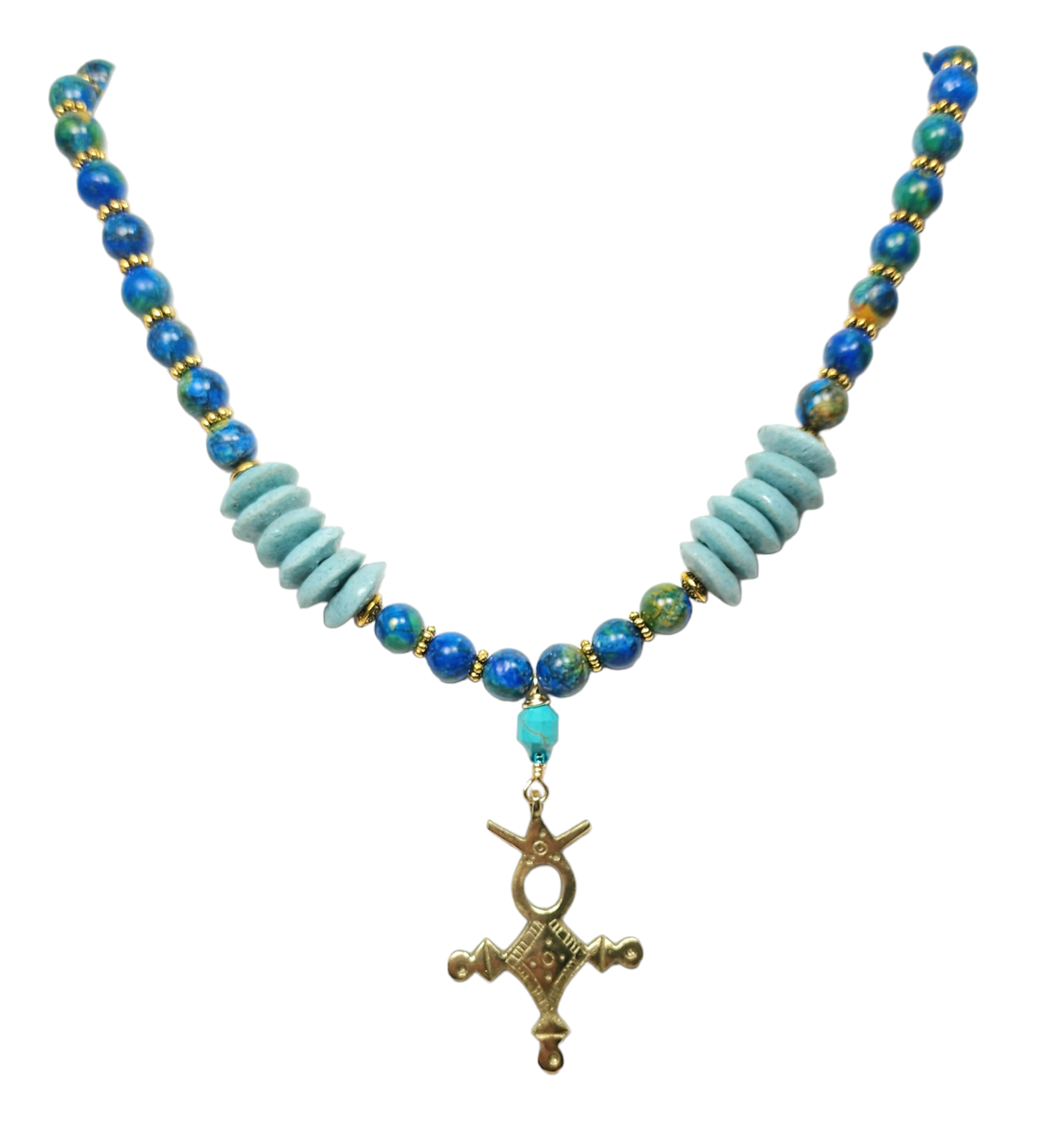 Tuareg Cross Necklace โ Handmade Tribal Jewelry with Antique Brass Pendant, Ashanti Glass & Magnesite Beads with Magnetic Clasp - Image 2