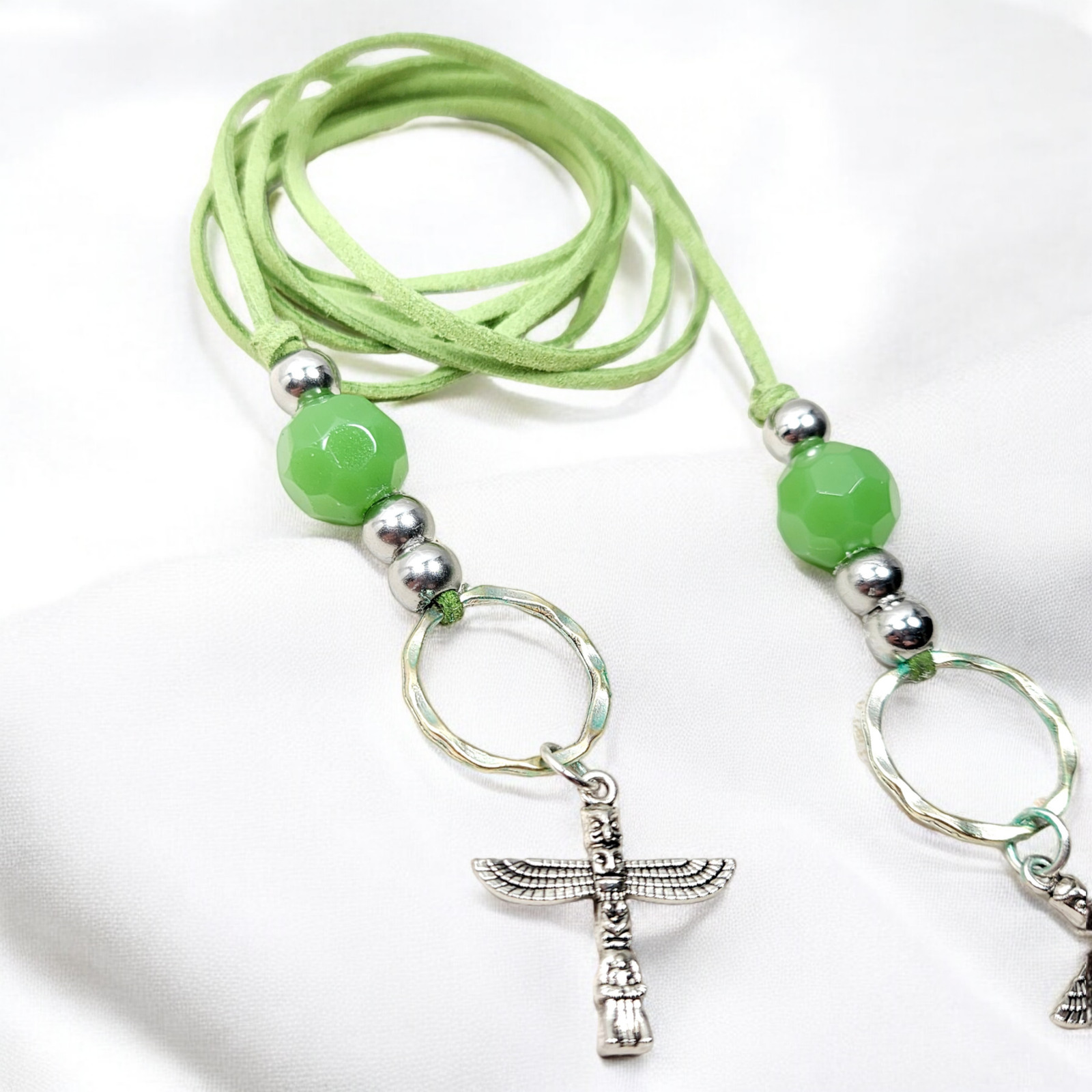 Boho Mayan Totem Necklace โ Handmade Jewelry with Silver Totem Charms, Green Aventurine, Sterling Beads & Faux Suede Cord