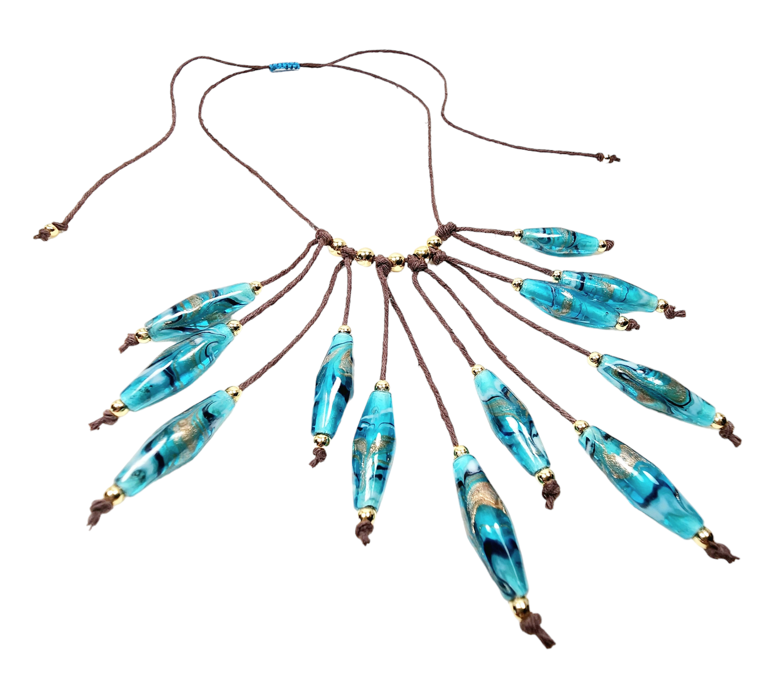Teal Rhombus Glass Bead Necklace โ Handmade Boho Jewelry with Geometric Lampwork Beads on Adjustable Brown Cord โ Statement Gift for Her - Image 5
