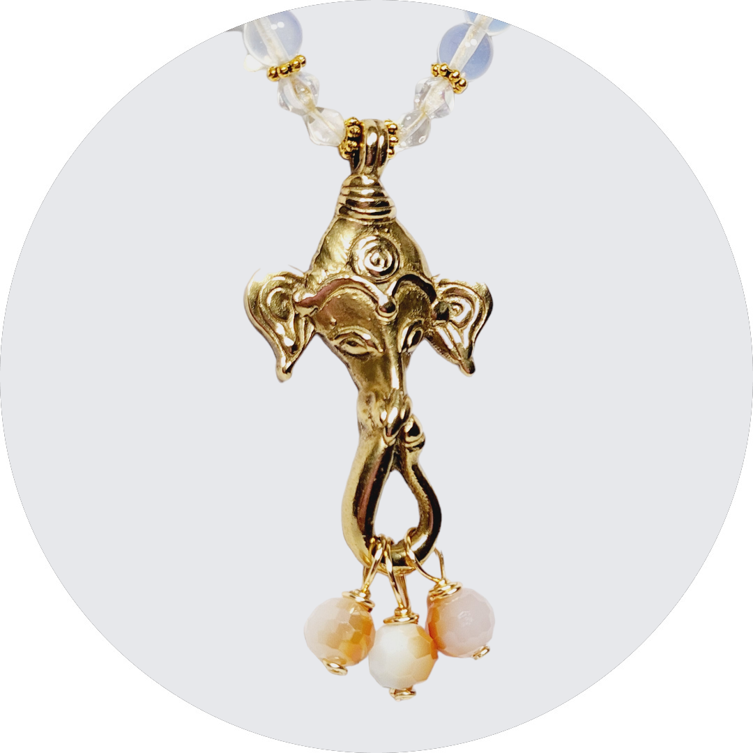 Ganesh Pendant Necklace โ Boho Moonstone Jewelry with Tibetan Elephant, Wood Beads, Gold Accents & Adjustable Cord - Image 6