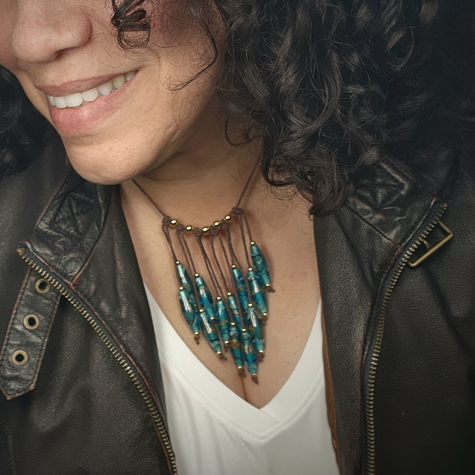 Teal Rhombus Glass Bead Necklace โ Handmade Boho Jewelry with Geometric Lampwork Beads on Adjustable Brown Cord โ Statement Gift for Her - Image 3