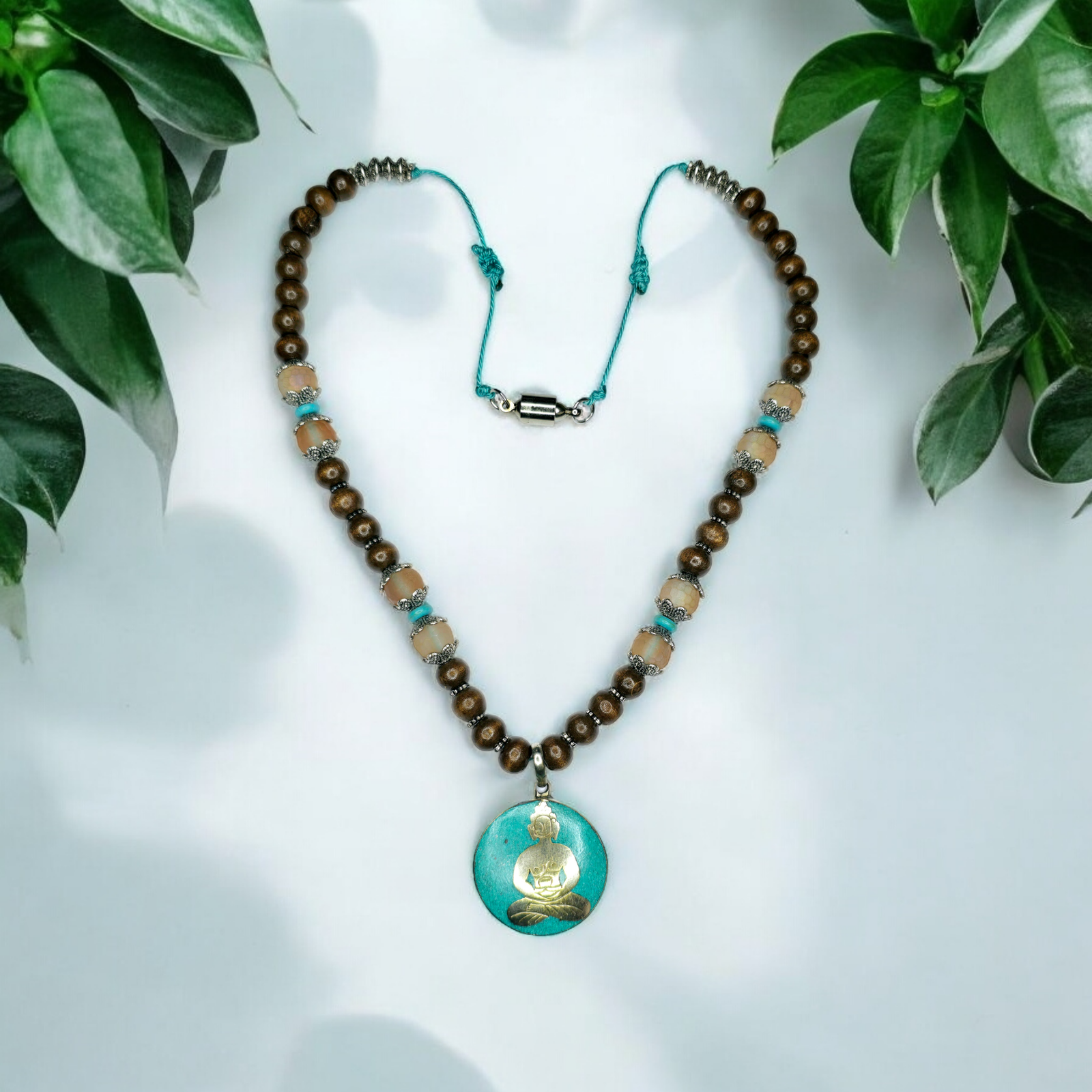 Turquoise Buddha Necklace – Handmade Tibetan Pendant with Wooden Beads, Glass Accents & Adjustable Cord – Spiritual Boho Jewelry - Image 3