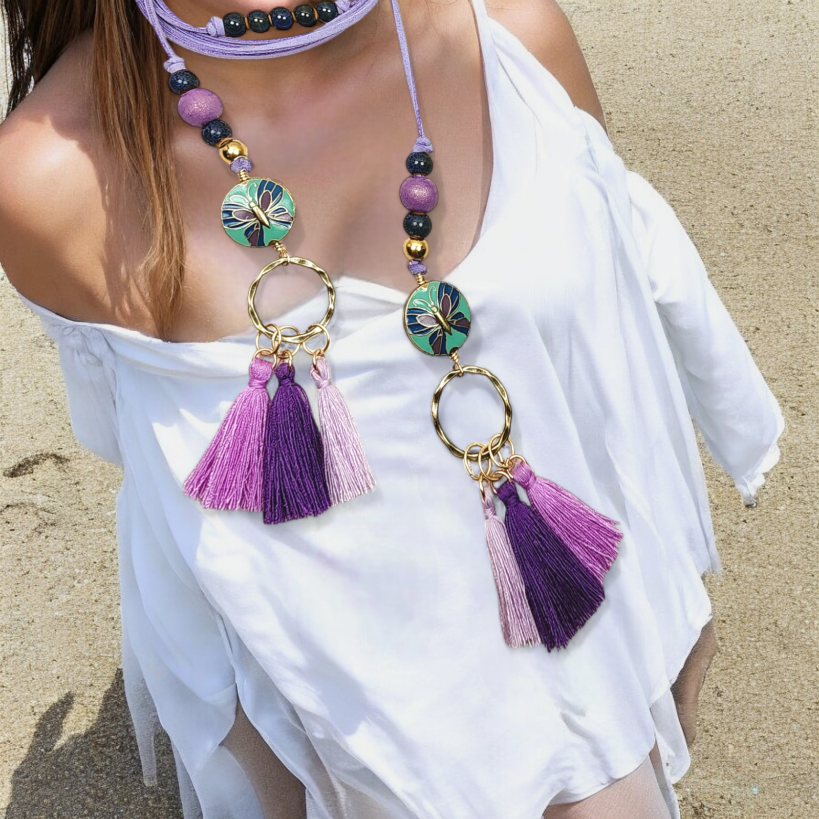 Boho Butterfly Necklace โ Handmade Jewelry with Brass Coin Beads, Purple Wood, Blue Ceramic & Tassels on Long Faux Suede Cord - Image 4