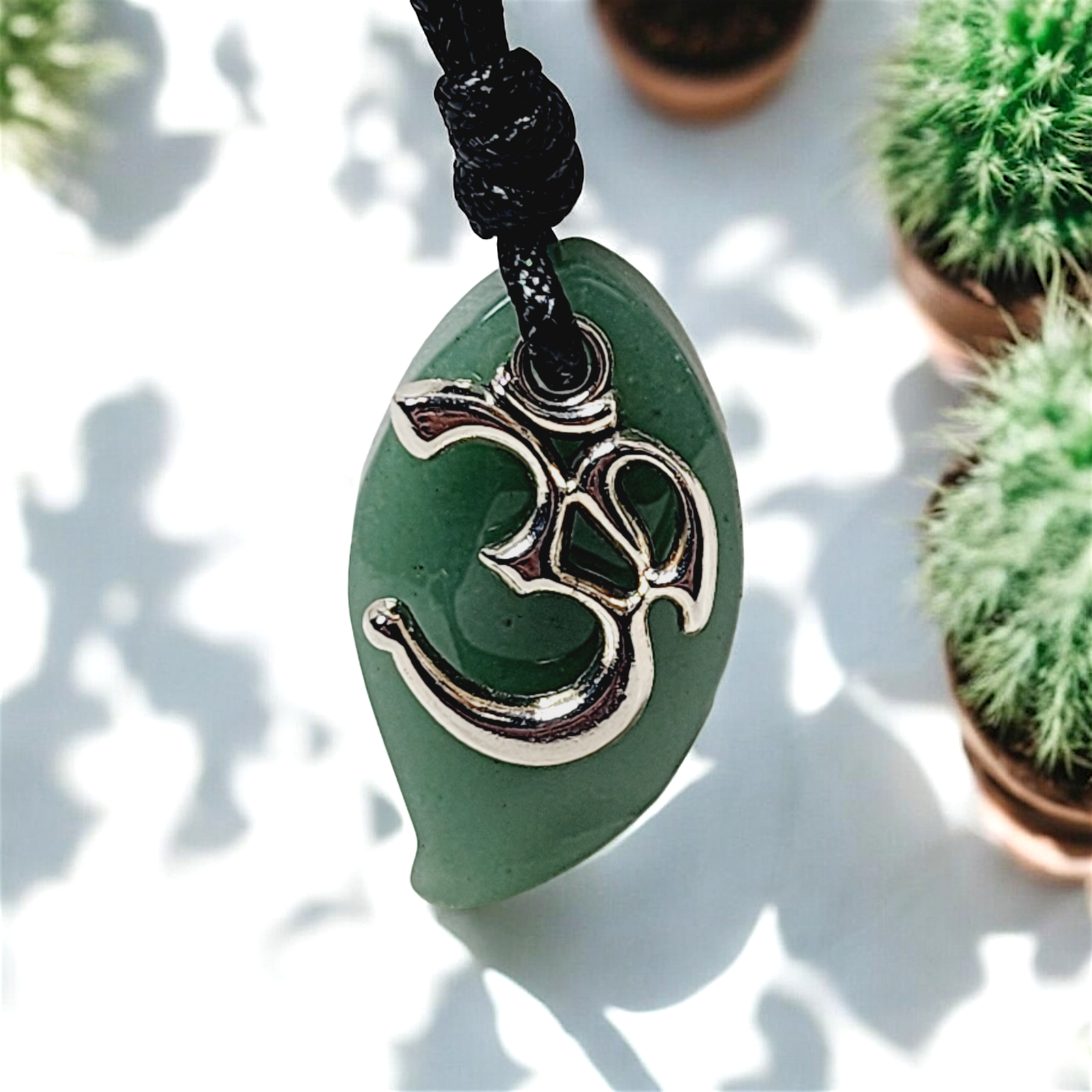 Aventurine Om Necklace โ Handmade Spiritual Jewelry with Teal Ceramic Beads, Inspirational Charms & Black Cord โ Boho Chakra Necklace - Image 4