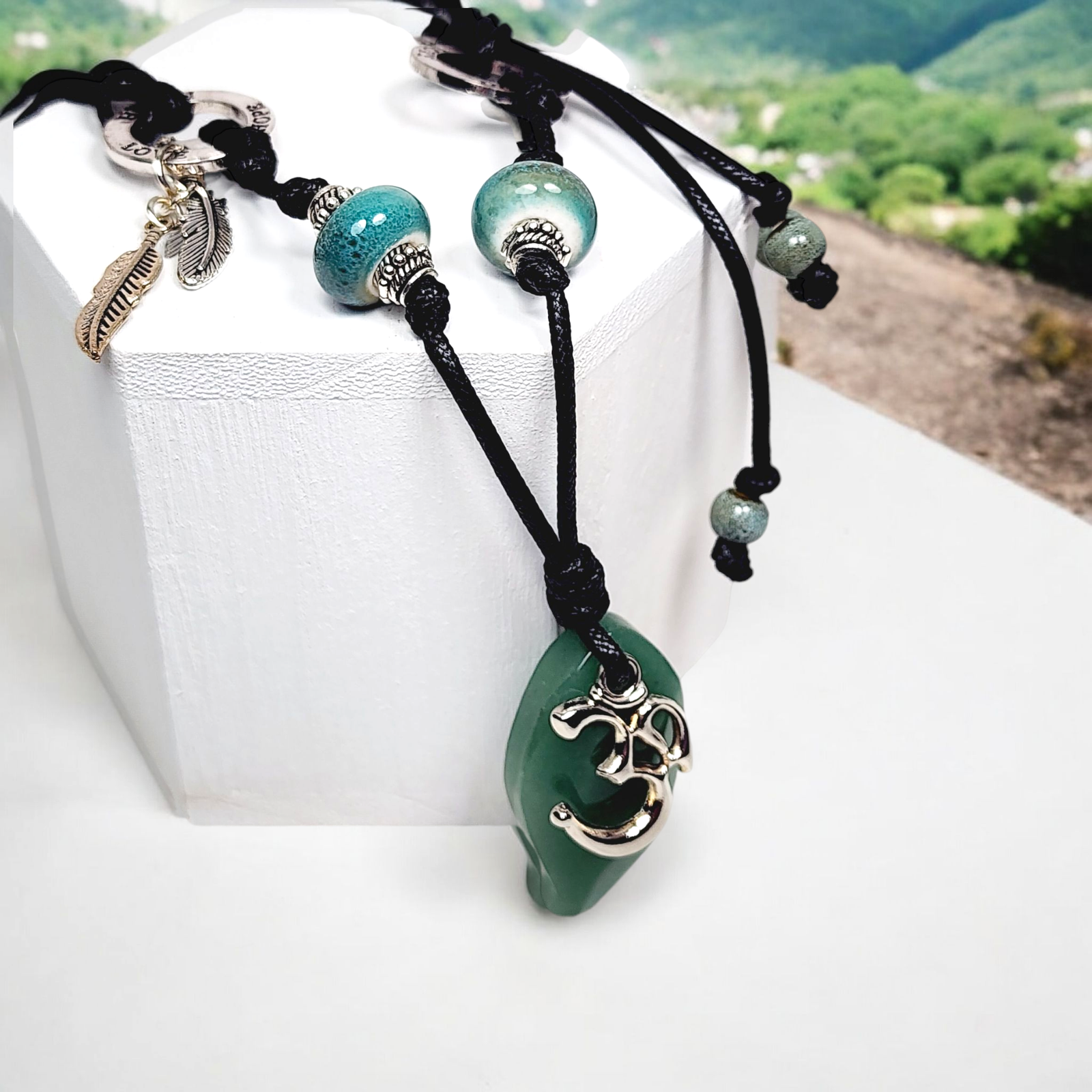 Aventurine Om Necklace โ Handmade Spiritual Jewelry with Teal Ceramic Beads, Inspirational Charms & Black Cord โ Boho Chakra Necklace - Image 3
