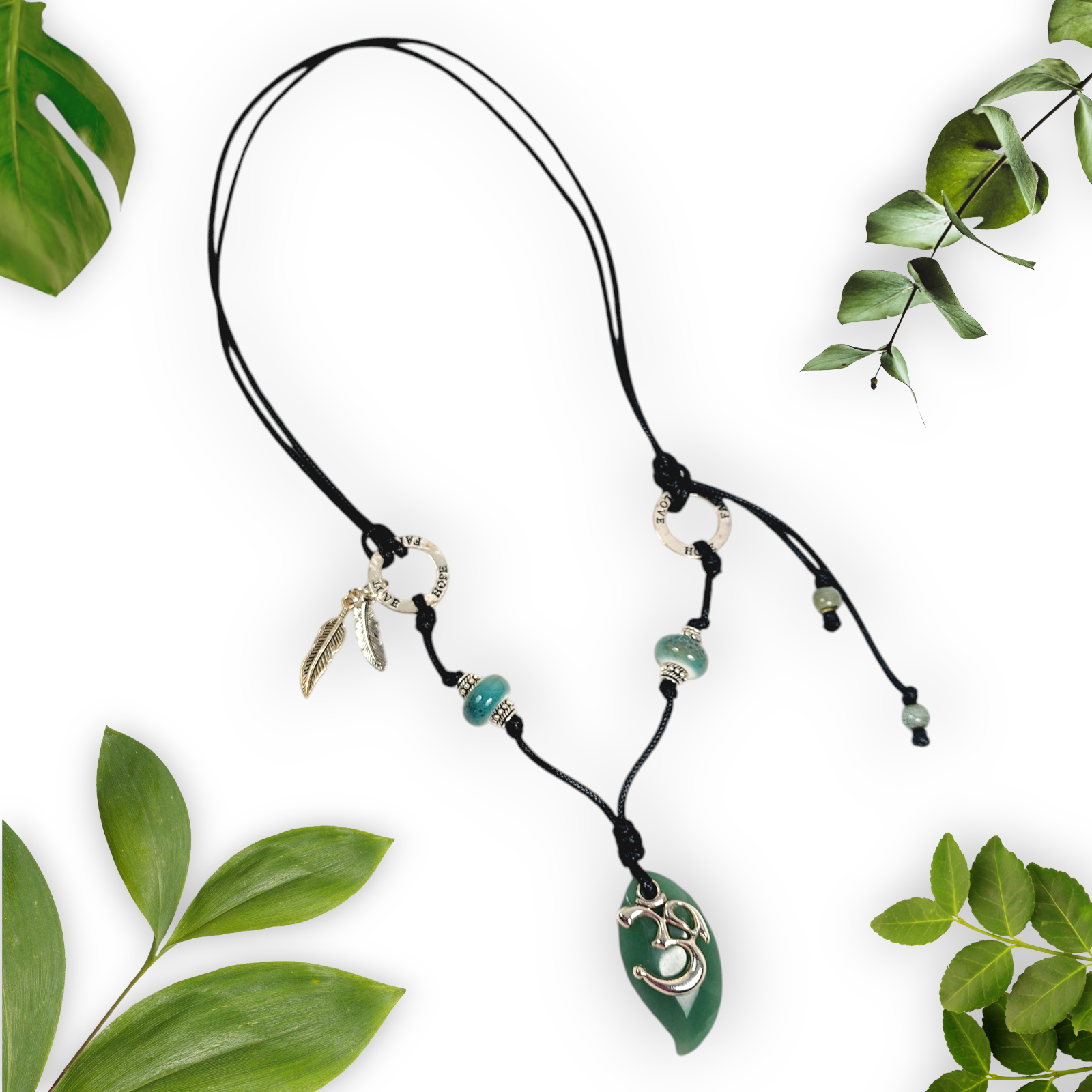 Aventurine Om Necklace โ Handmade Spiritual Jewelry with Teal Ceramic Beads, Inspirational Charms & Black Cord โ Boho Chakra Necklace