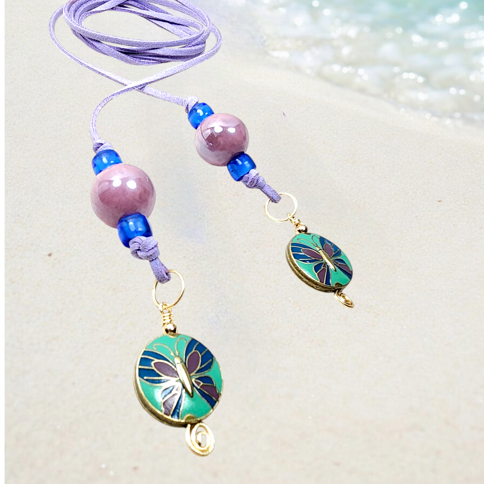 Boho Butterfly Necklace โ Handmade Jewelry with Brass Butterfly Beads, Purple Ceramic, Blue Glass & Faux Suede Purple Cord - Image 3