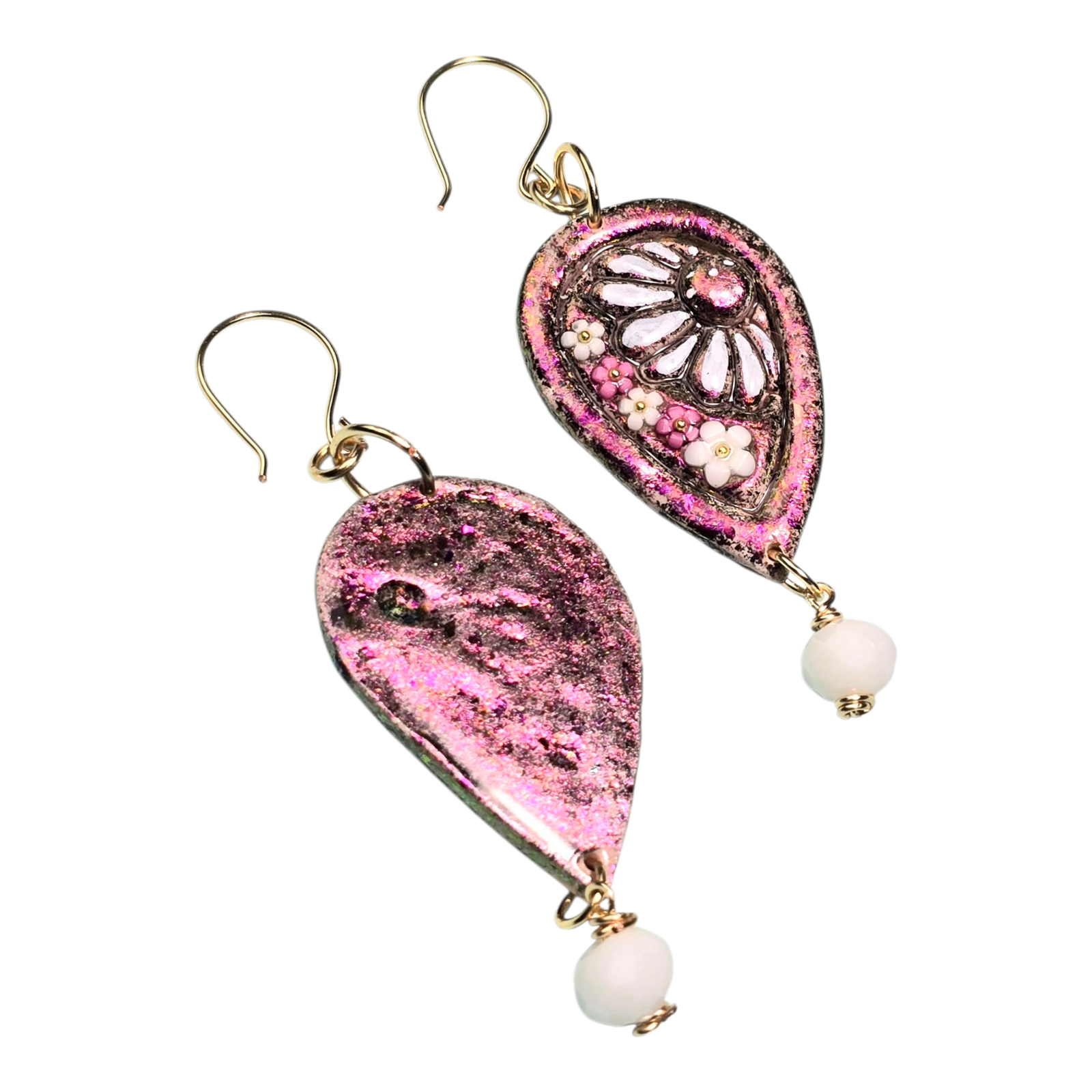 White Bloom Boho Earrings - Handmade Polymer Clay Dangle - Image 3