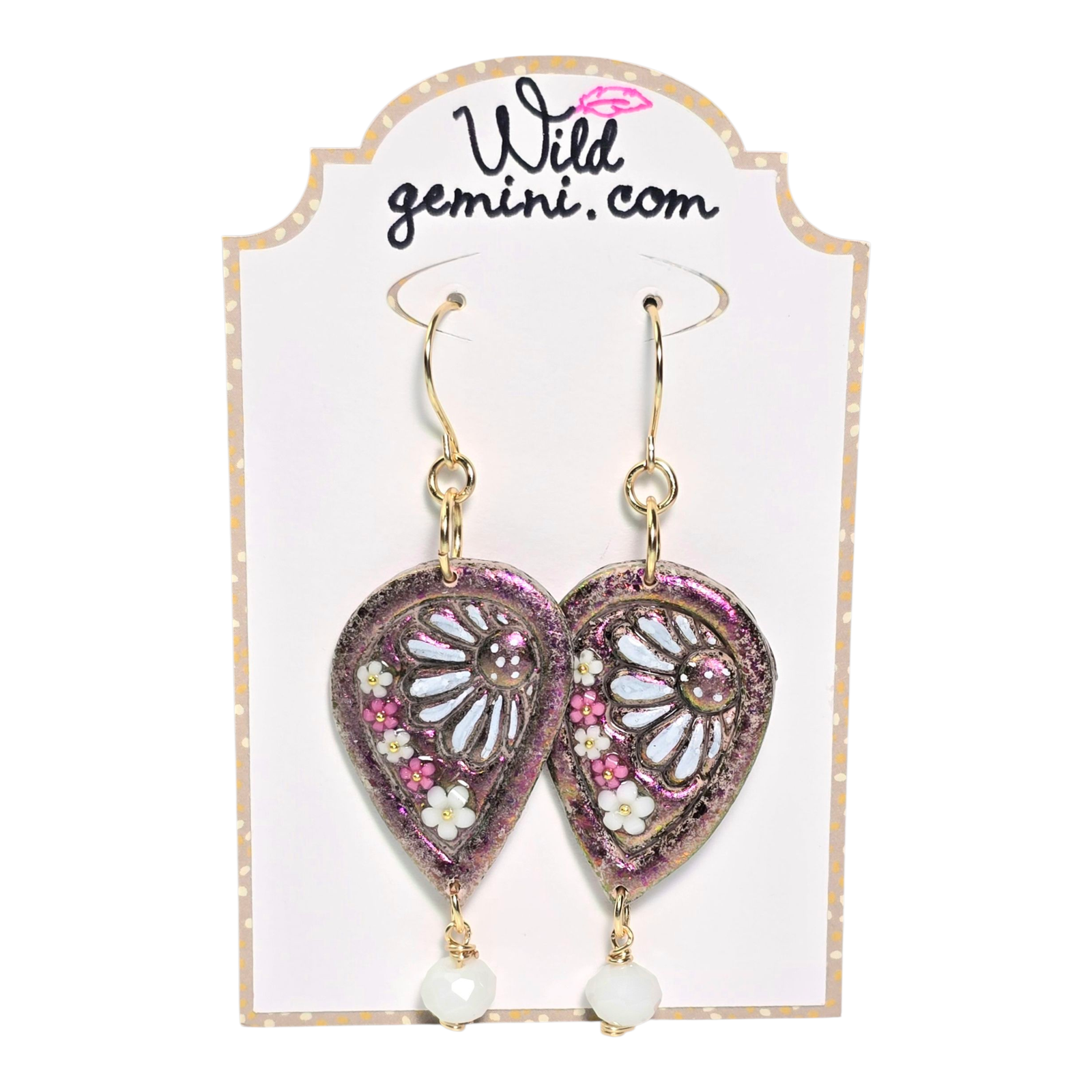 White Bloom Boho Earrings - Handmade Polymer Clay Dangle - Image 2