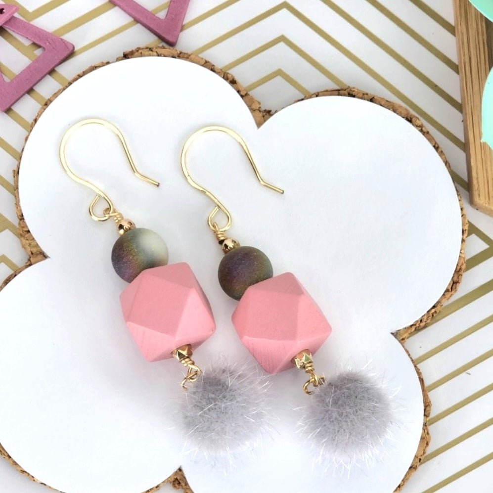 Boho Fuzzy Ball Earrings โ Handmade Dangles with Grey Fuzzy Beads, Iridescent Rounds & Pink Wooden Hexagons, 2.6โ Long with Gold Hooks - Image 2