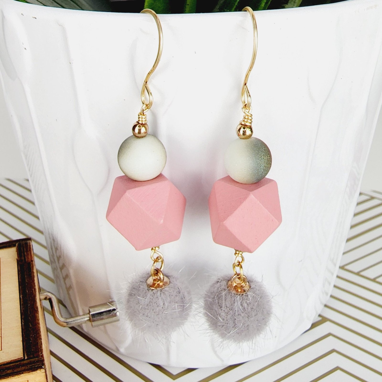 Boho Fuzzy Ball Earrings โ Handmade Dangles with Grey Fuzzy Beads, Iridescent Rounds & Pink Wooden Hexagons, 2.6โ Long with Gold Hooks - Image 3