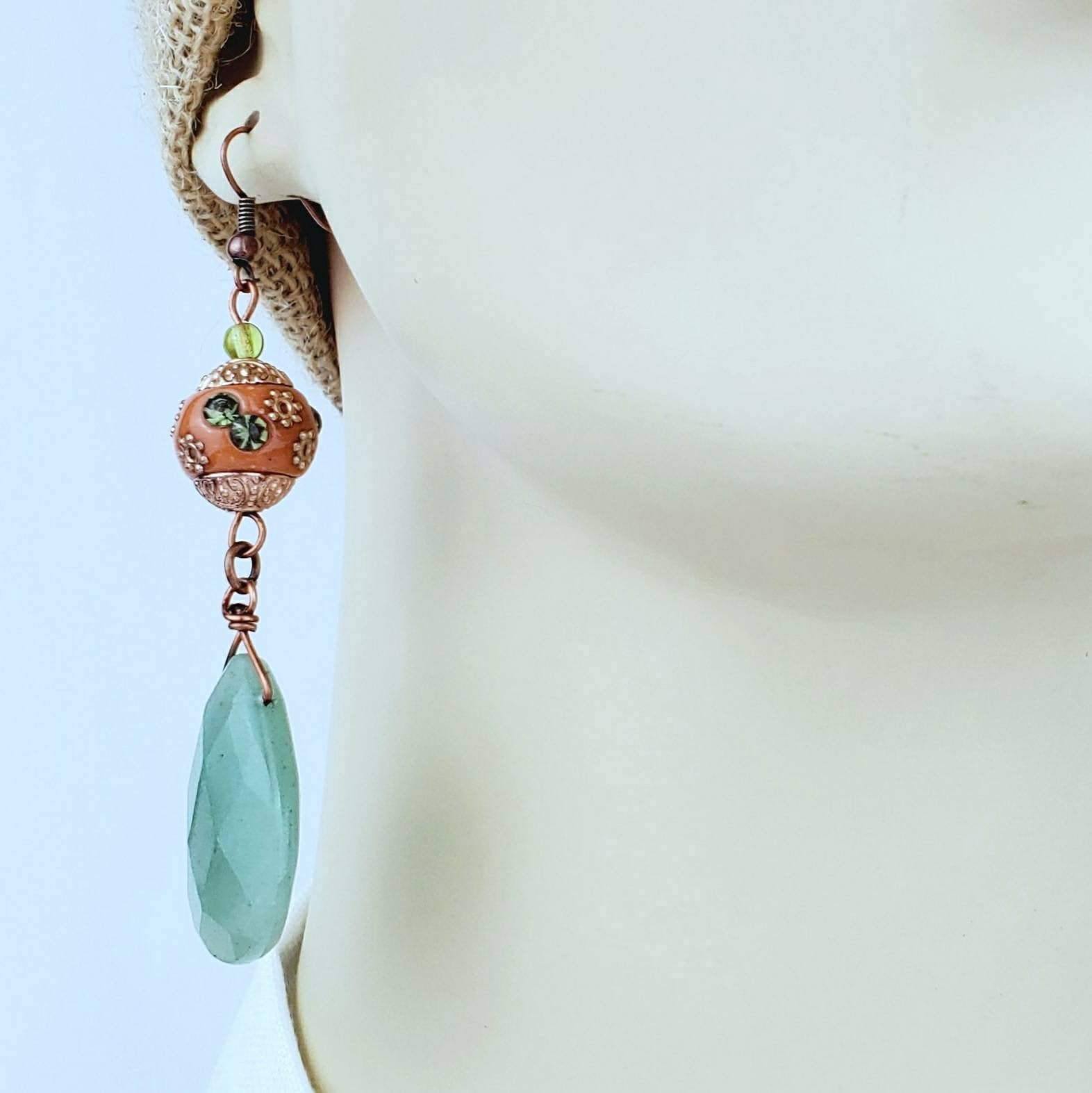Boho Aventurine Teardrop Earrings โ Handmade Copper Dangles with Faceted Stones & 10mm Beads, 3โ Long - Image 5
