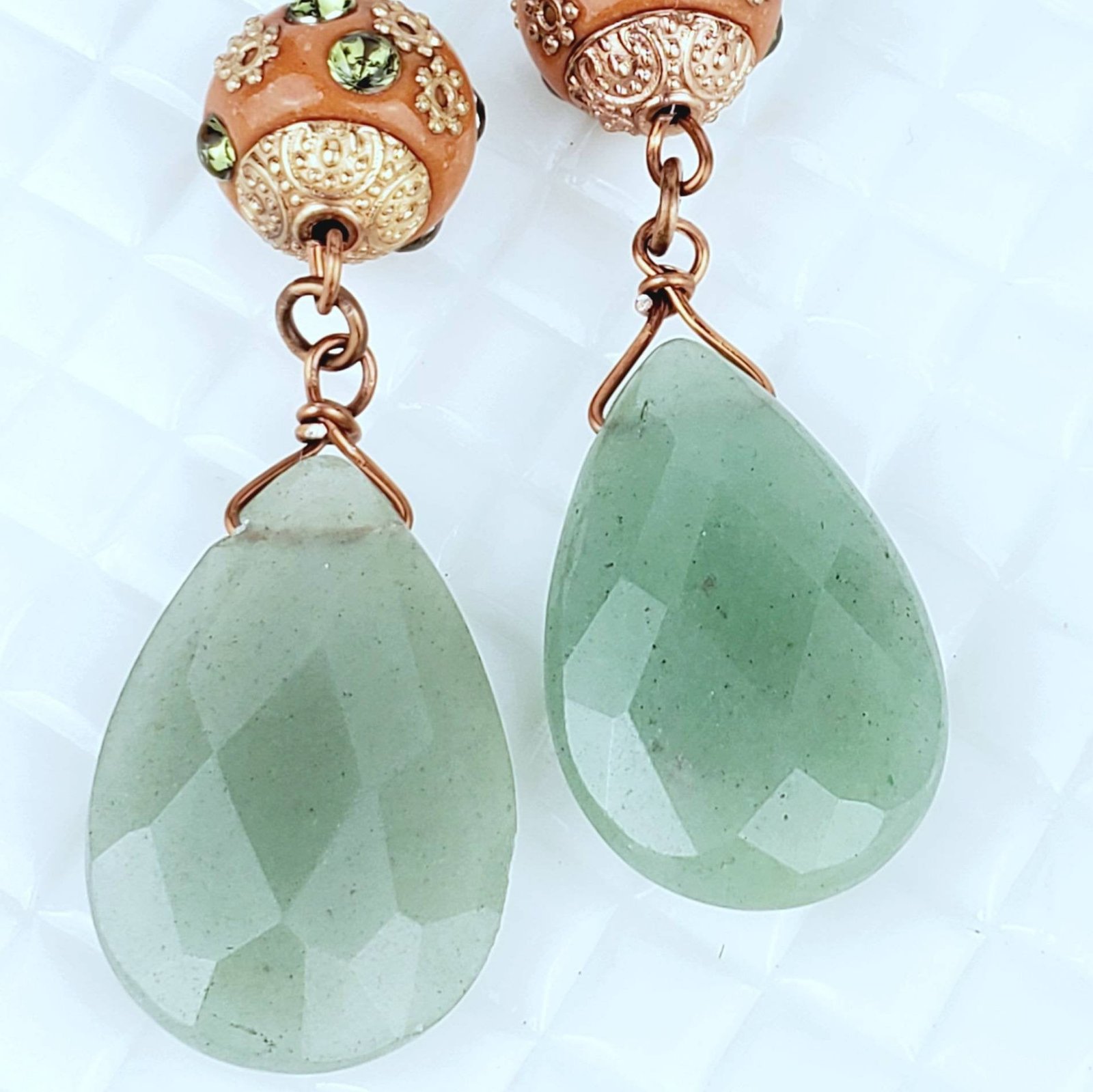 Boho Aventurine Teardrop Earrings โ Handmade Copper Dangles with Faceted Stones & 10mm Beads, 3โ Long - Image 3