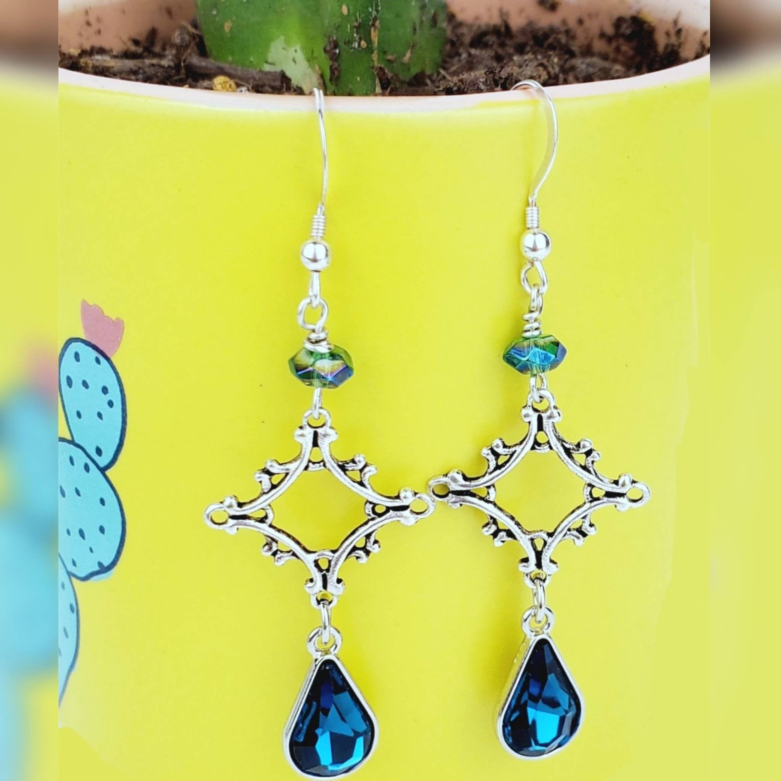 Silver Cross Earrings โ Handmade Dangles with Blue Teardrop Glass Beads & Silver Wire, 2โ Long - Image 3