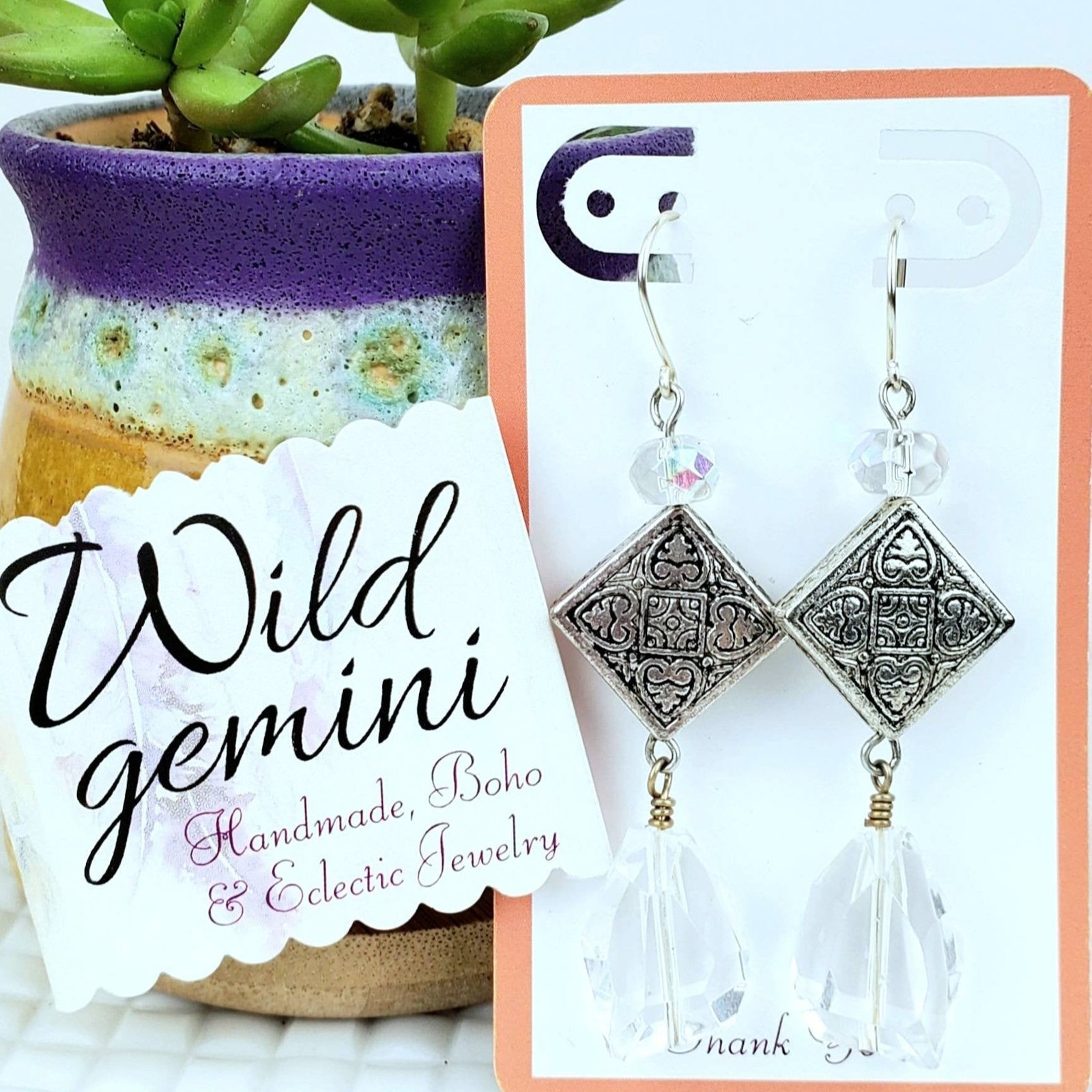 Boho Clear Glass Earrings โ Handmade Silver Dangles with Glass Nuggets & Diamond Beads, 2.75โ Long - Image 2