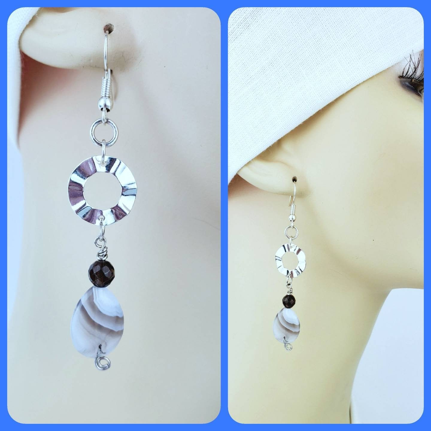 Boho Jasper Teardrop Earrings โ Handmade Silver Dangles with Glass Beads, Wire Wrap & Signature Curl Hooks, 2.75โ Long