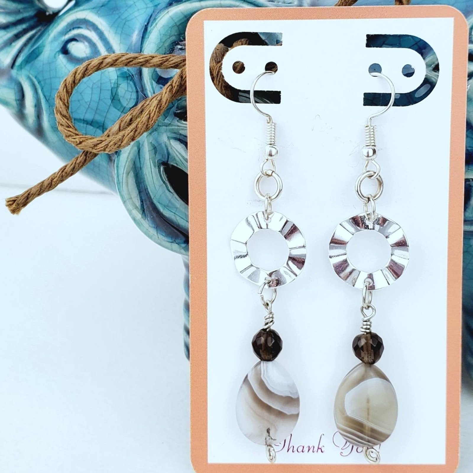 Boho Jasper Teardrop Earrings โ Handmade Silver Dangles with Glass Beads, Wire Wrap & Signature Curl Hooks, 2.75โ Long - Image 3