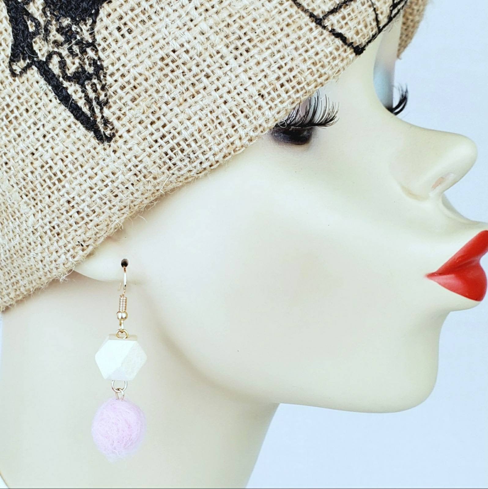 Wooden Hexagon Pink Fuzzy Ball Earrings - Image 4