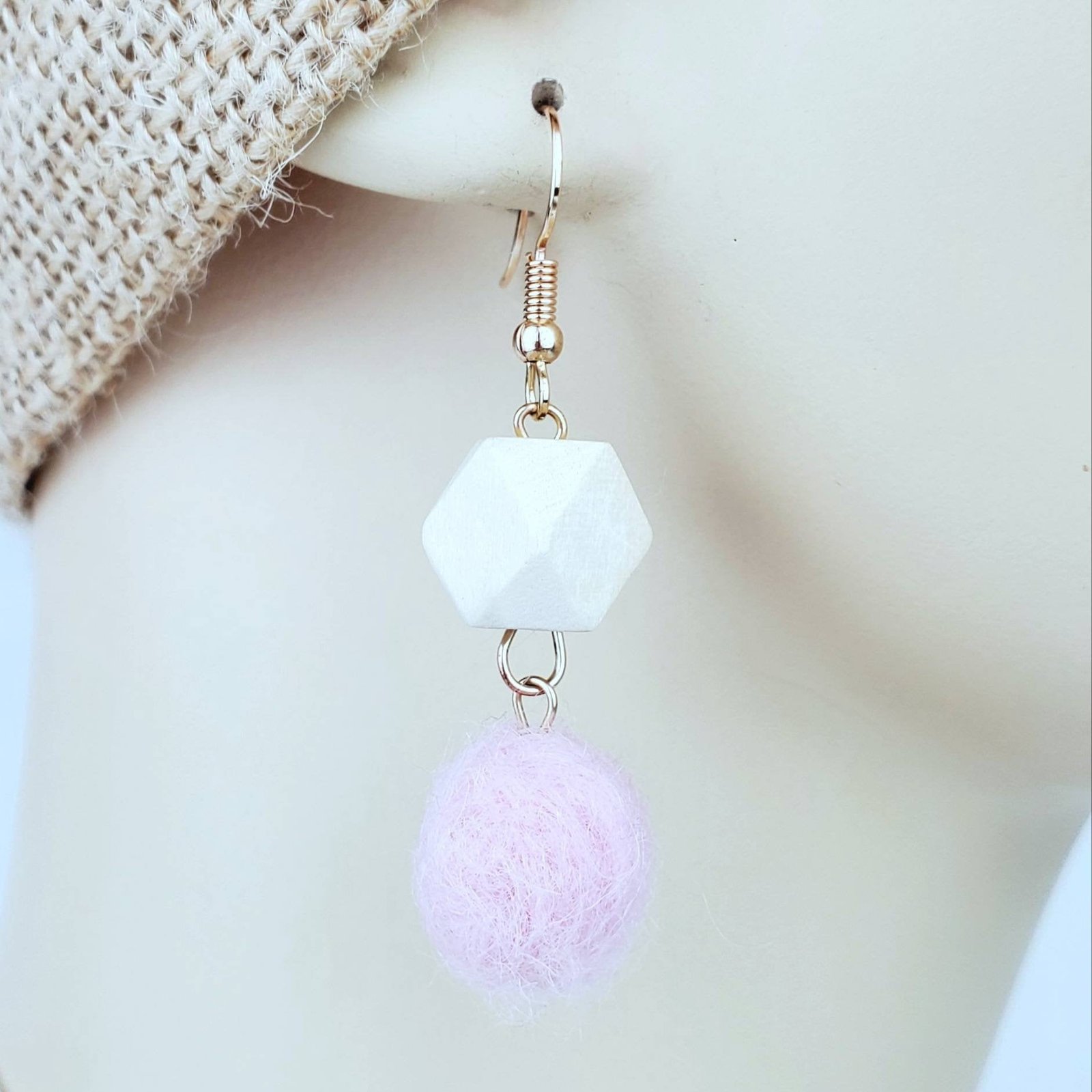 Wooden Hexagon Pink Fuzzy Ball Earrings - Image 3