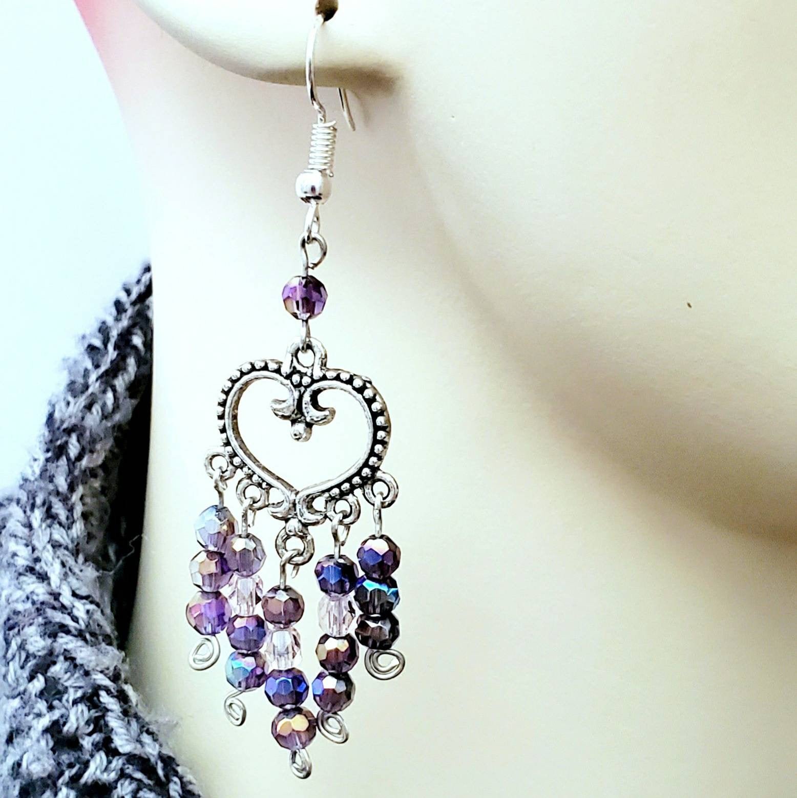 Boho Heart Earrings โ Handmade Silver Dangles with Purple Glass Beads & Wire Wrapped Heart Charms, 2.5โ Long - Image 3